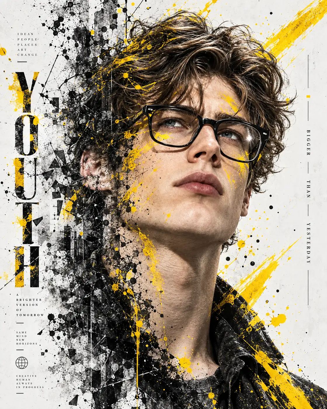 AI Photo Editing Prompt: Mixed media graphic poster of a young man with glasses looking up, featuring yellow paint splatters and charcoal ink dispersion with typography.