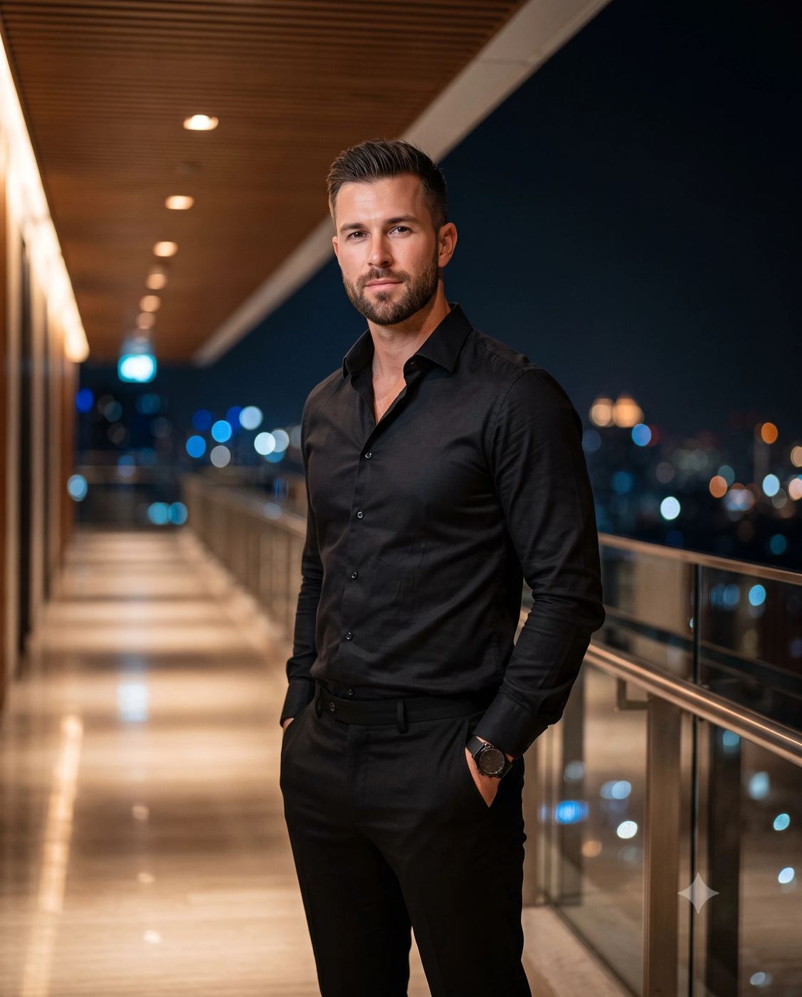 AI-generated portrait of a handsome bearded man in an all-black outfit standing on a modern balcony at night with cinematic city light bokeh.