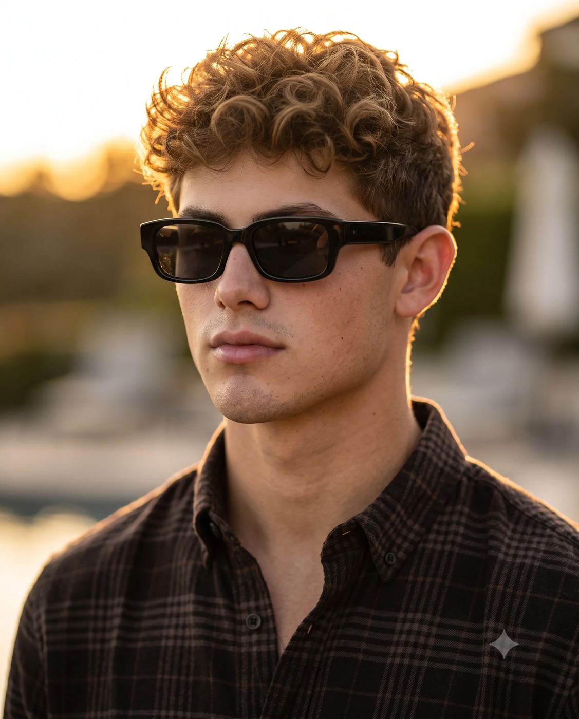 Outdoor Portrait AI Photo Editing Prompt. AI generated photography portrait of a young man with curly hair wearing sunglasses and a dark plaid shirt during golden hour.
