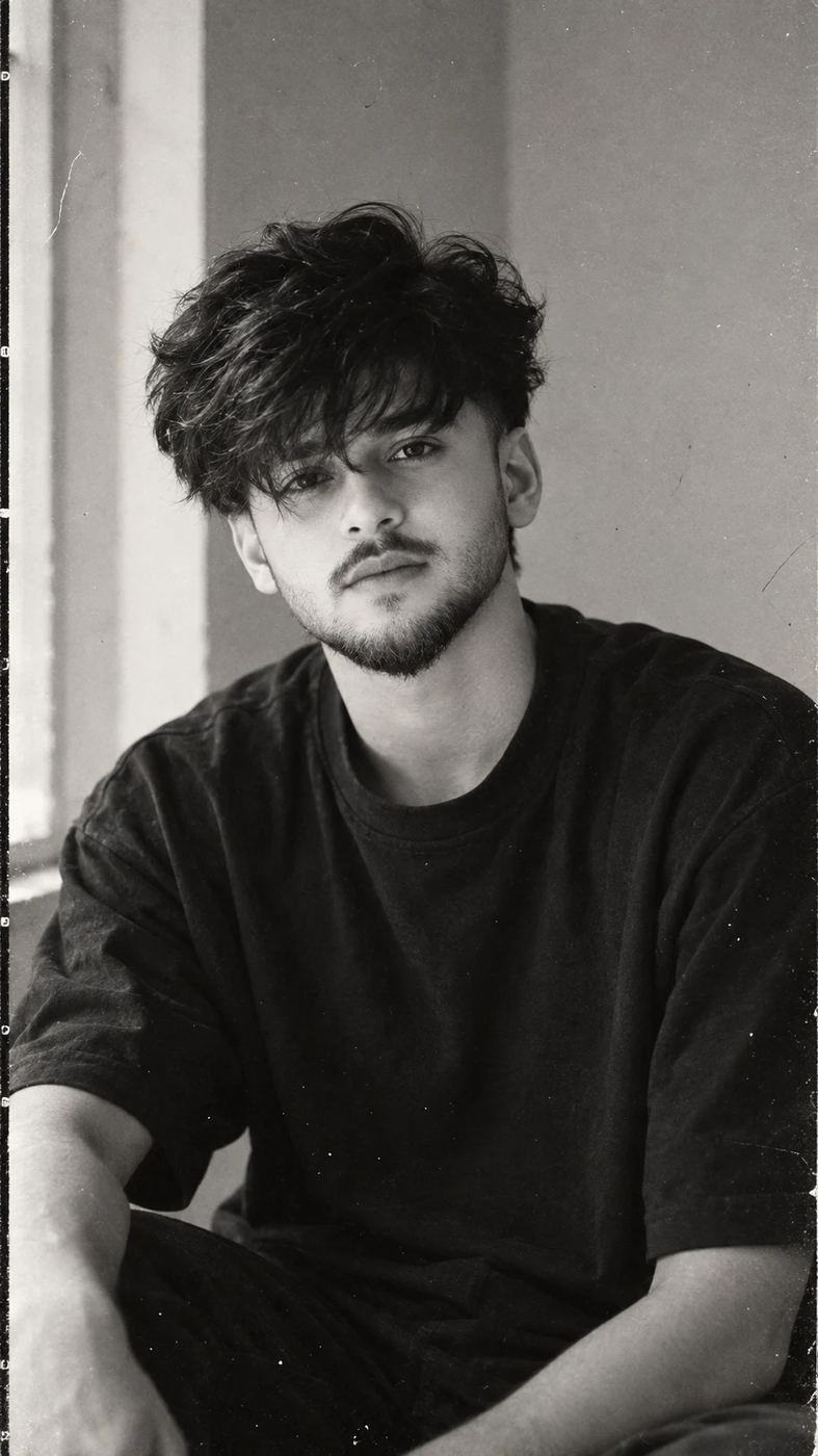 AI Photo Editing Prompt: Vintage black-and-white portrait of a young man with messy wavy hair and a light beard, wearing an oversized black t-shirt.
