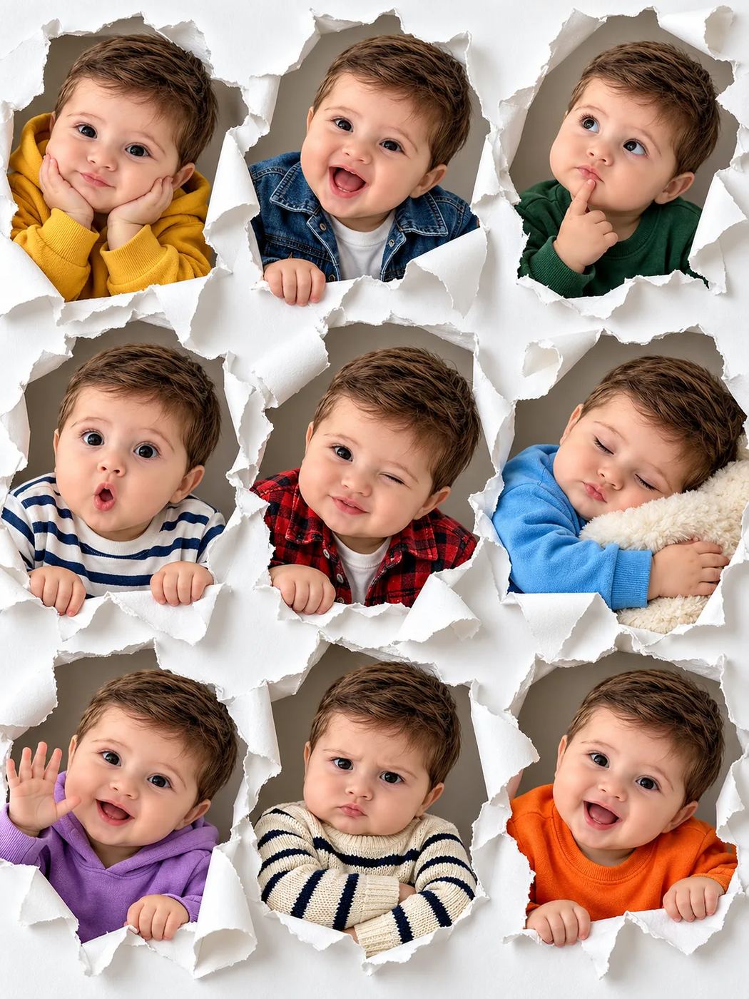 ChatGPT generated 3x3 photo grid of a cute baby boy showing nine different facial expressions through realistic torn white paper holes.