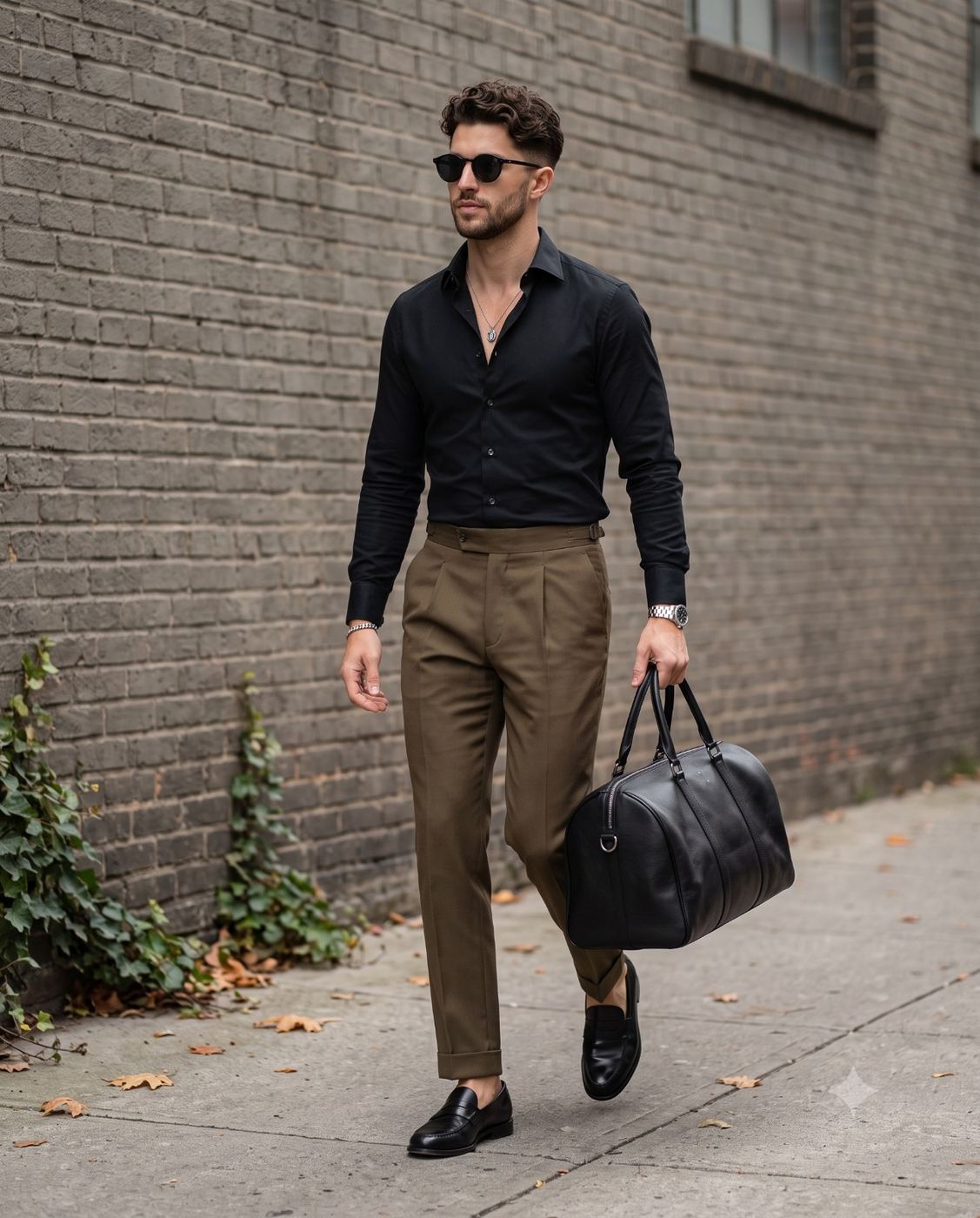 Men's street style fashion portrait of a stylish guy with a leather bag AI Photo Editing Prompt. AI generated street photography portrait of a handsome man wearing a black shirt, sunglasses, and olive trousers walking with a black leather duffle bag next to a brick wall.