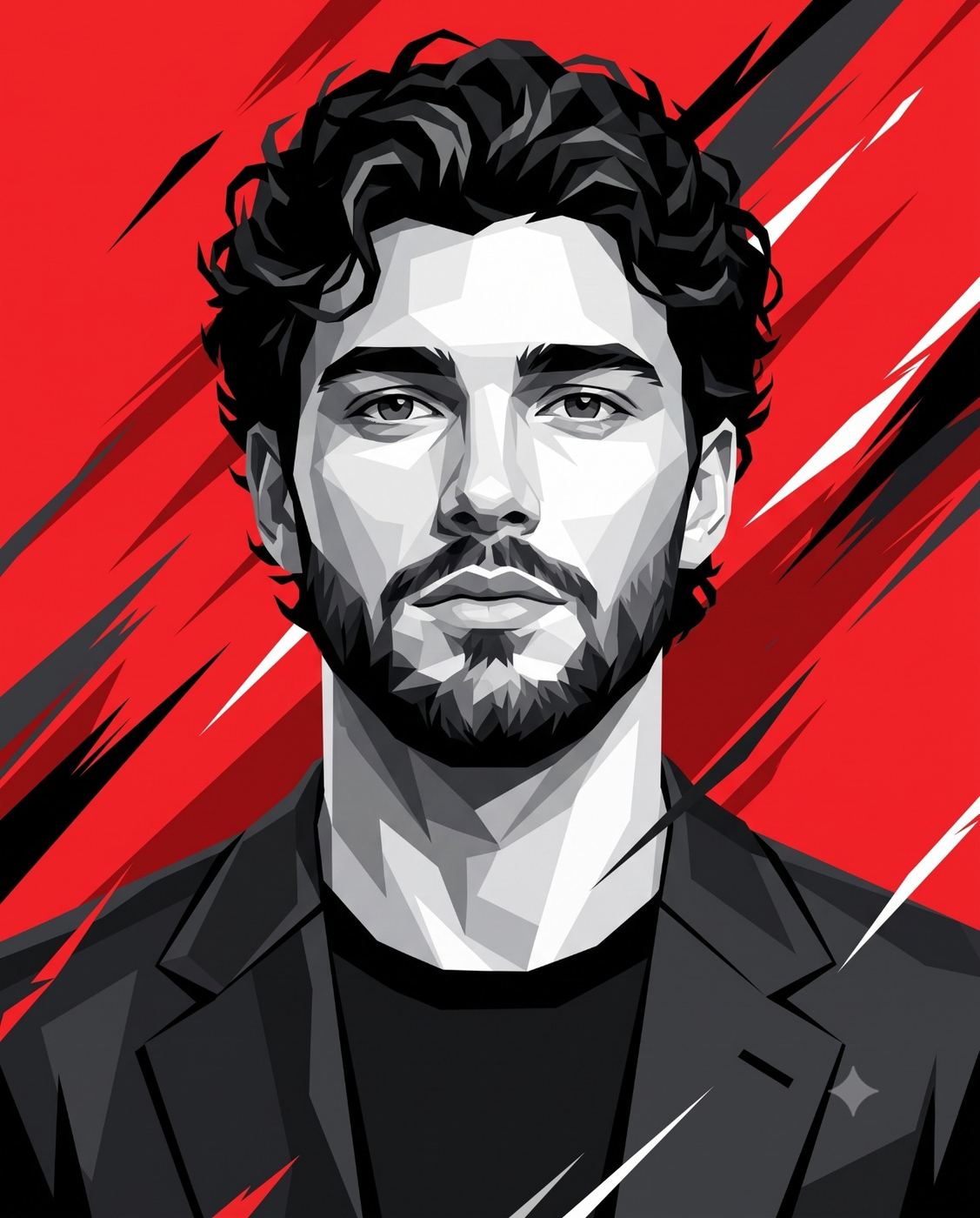 Geometric Vector Portrait of Bearded Man on Red Background AI Photo Editing Prompt. AI generated digital illustration of a handsome man with curly hair and a beard wearing a black jacket, set against a dynamic red, black, and white abstract background.