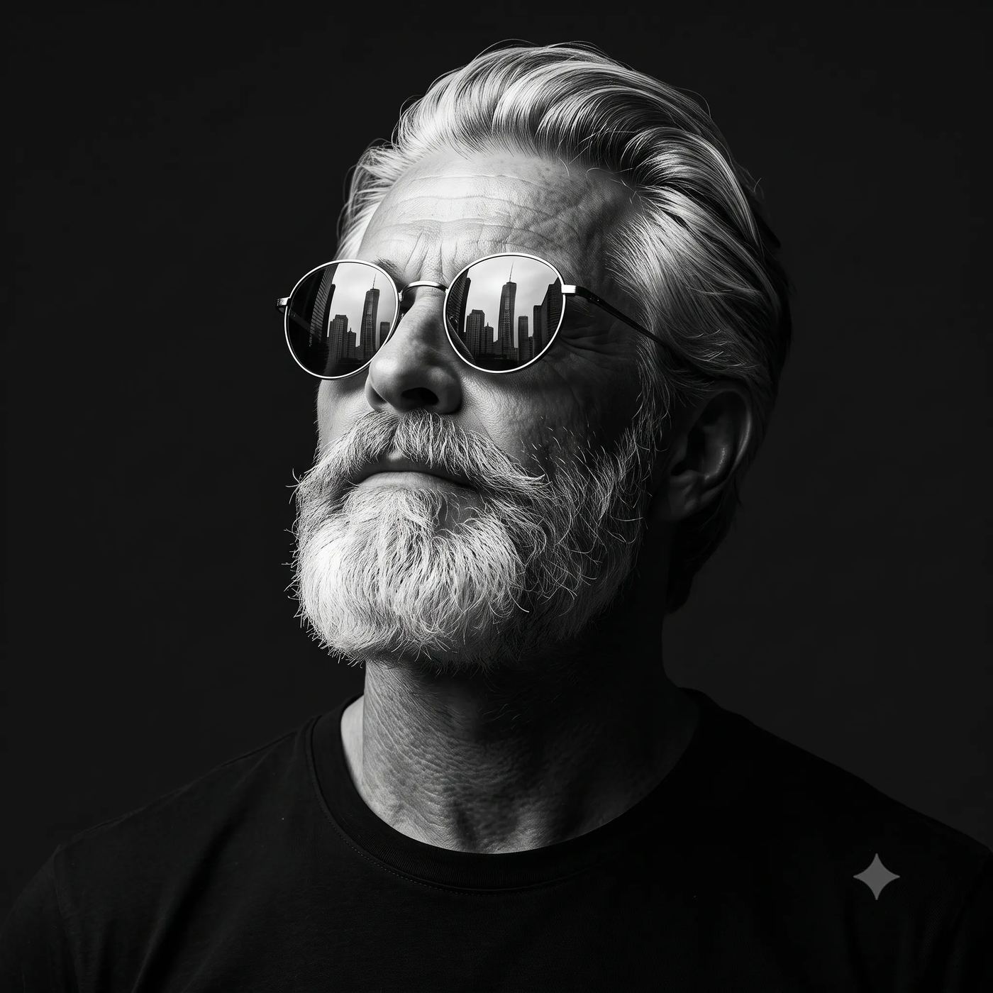 AI Photo Editing Prompt: Cinematic black and white editorial portrait of an older man with white hair and a beard, wearing reflective sunglasses showing city buildings.
