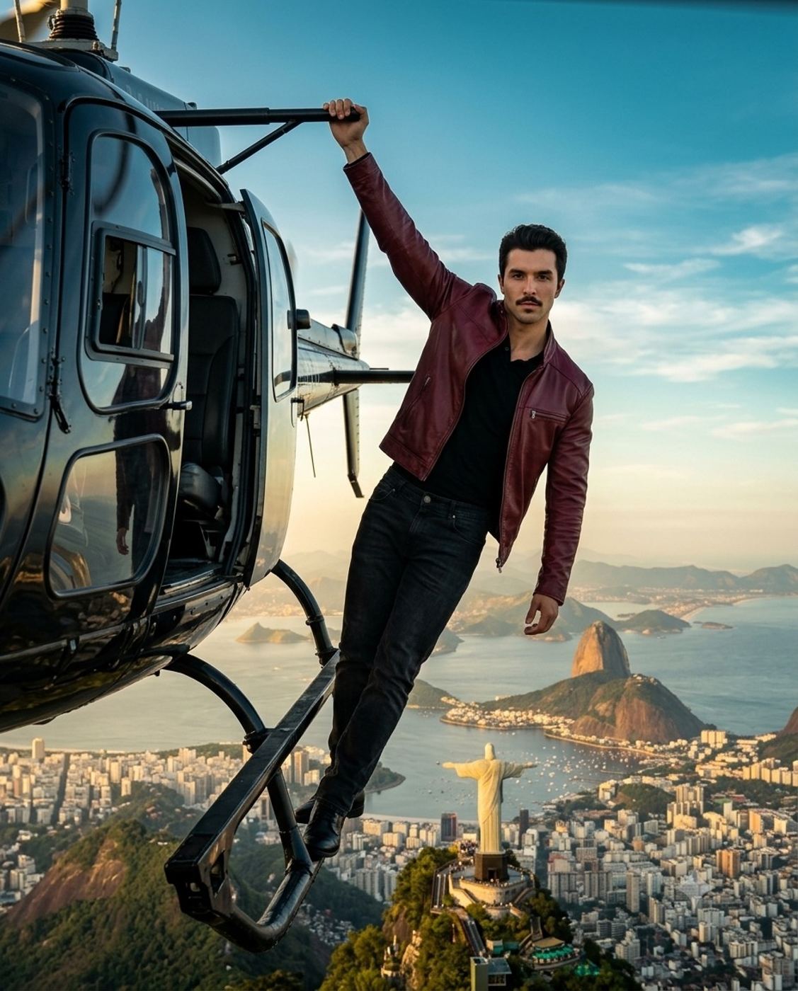 Cinematic action photography of a man hanging from a helicopter over Rio de Janeiro AI Photo Editing Prompt. AI generated cinematic action portrait of a mustached man in a red leather jacket holding onto a helicopter mid-air high above Christ the Redeemer and the Rio cityscape.