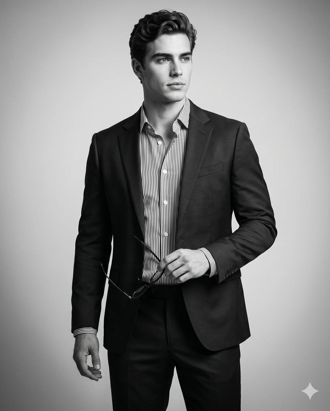 Man in Suit Holding Glasses AI Photo Editing Prompt. AI generated black and white studio portrait of a young man in a dark suit and striped shirt holding eyeglasses.