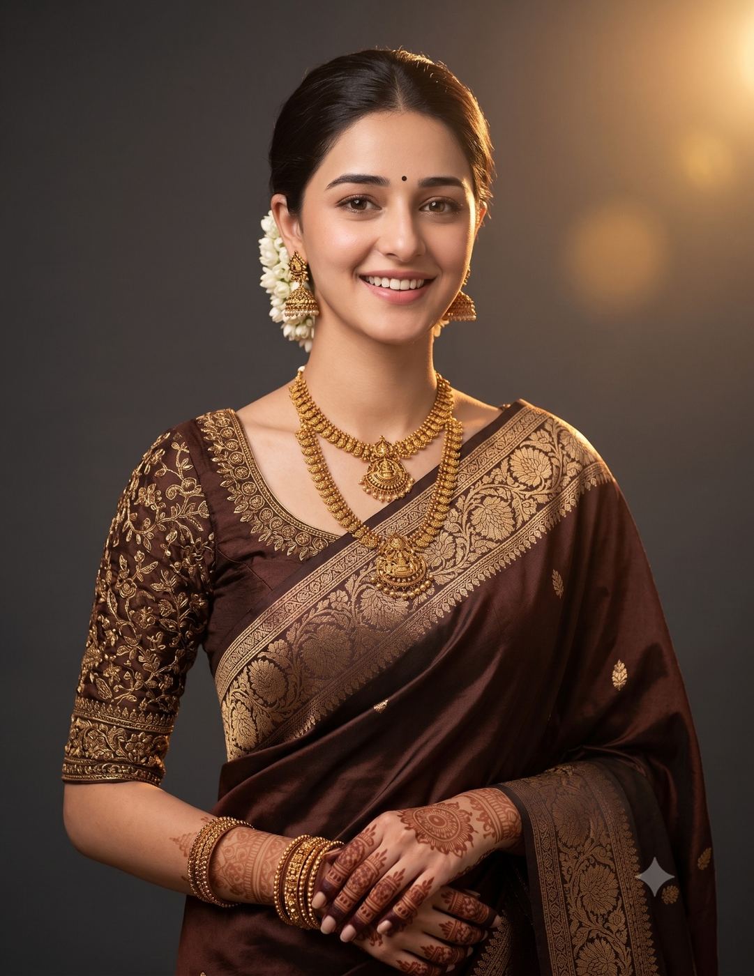 Indian Bride in Banarasi Silk Saree with Gold Temple Jewelry Portrait AI Photo Editing Prompt. AI generated studio portrait of a smiling Indian woman in a maroon Banarasi silk saree, layered gold temple necklaces, jhumka earrings, and intricately hennaed hands.