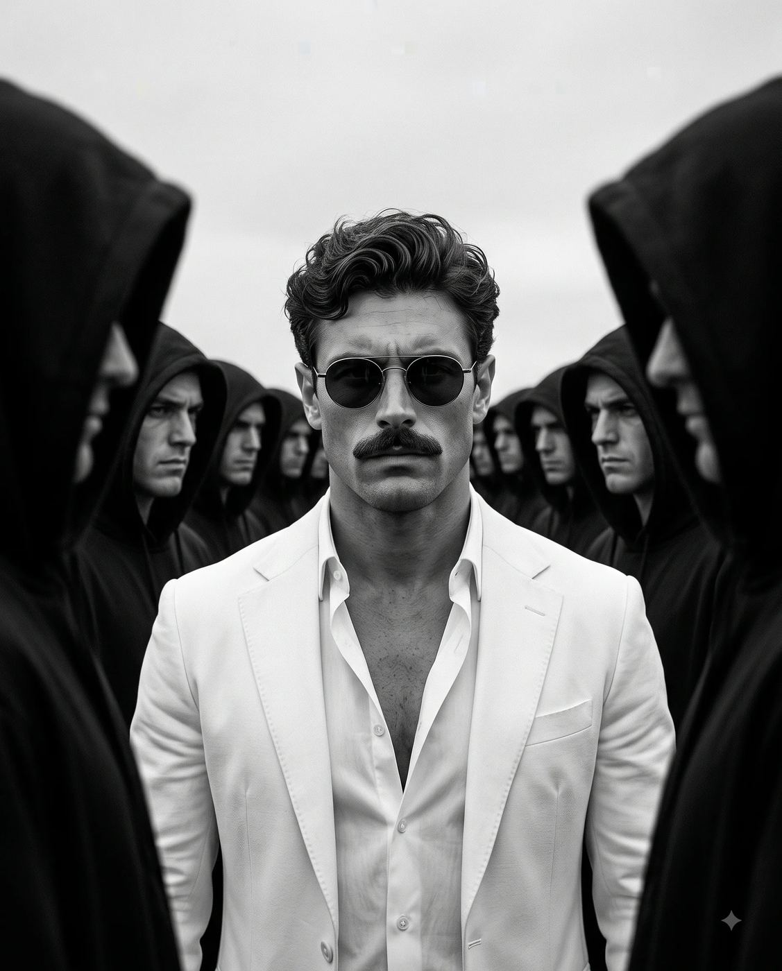 AI-generated mafia boss style portrait, man in white suit standing among black hooded crowd, aesthetic fashion photography