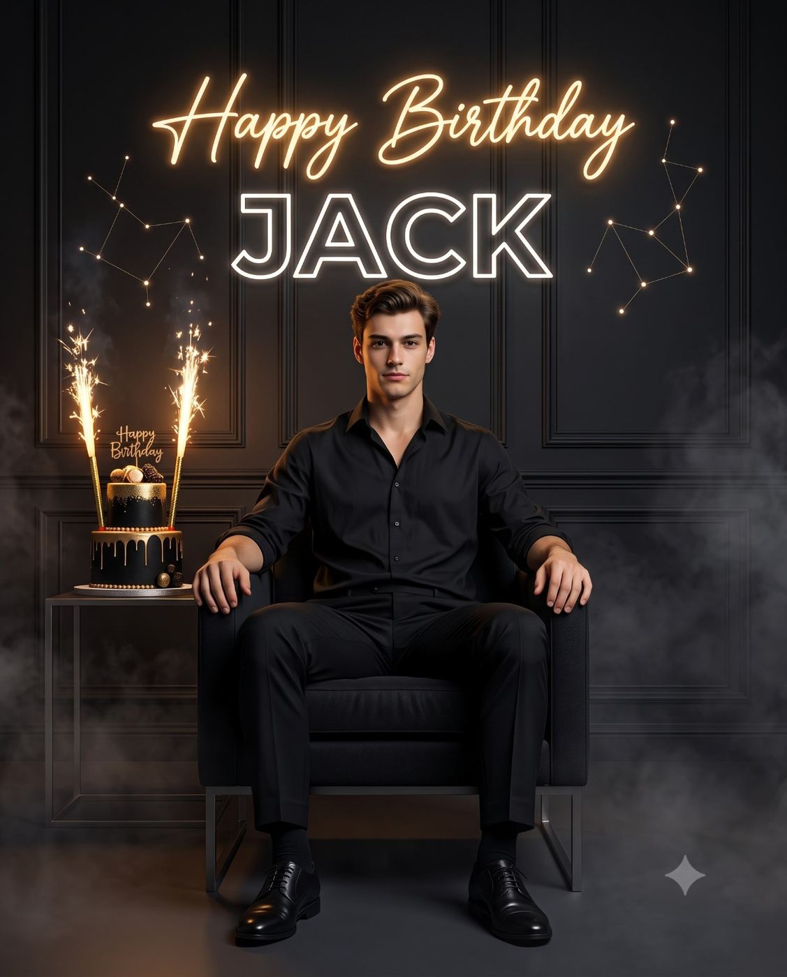 Man in Black Outfit Birthday Neon Poster Portrait AI Photo Editing Prompt. AI generated digital portrait of a man in a black shirt sitting in an armchair beside a birthday cake with sparklers, under a glowing "Happy Birthday" neon sign.