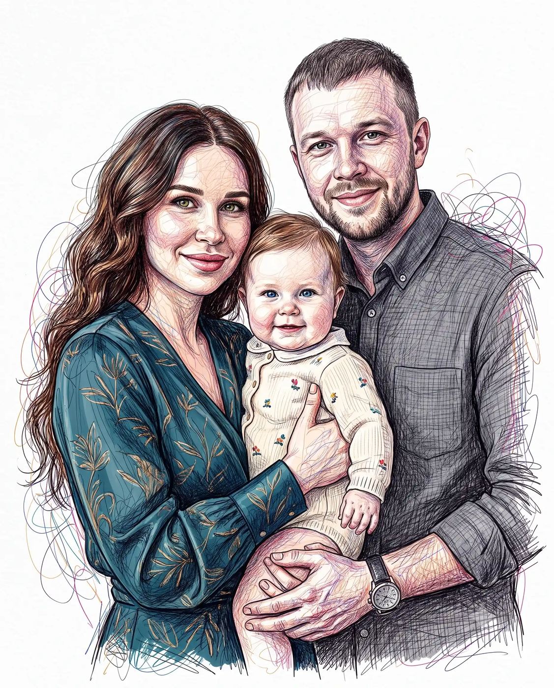 Intricate Ballpoint Sketch Family Portrait AI Photo Editing Prompt. AI generated digital illustration art of a smiling woman and bearded man holding their baby against a white background.