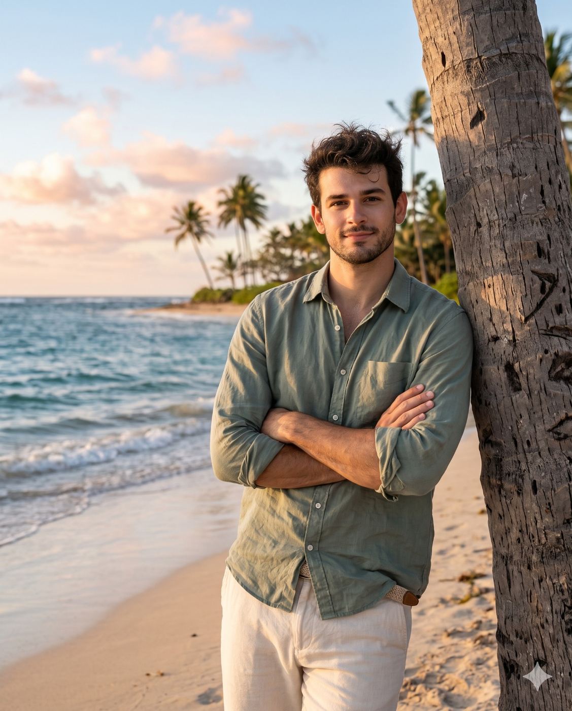 Tropical Beach Male Portrait AI Photo Editing Prompt. AI generated outdoor portrait of a smiling handsome man in a sage green linen shirt leaning against a palm tree on a tropical beach during golden hour.