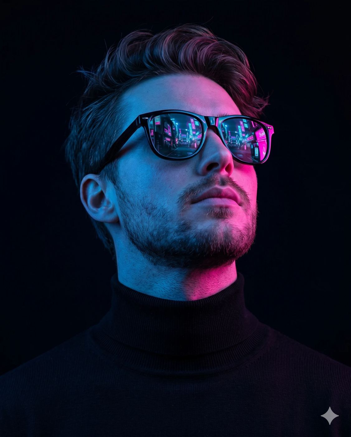Neon Cyberpunk Man Portrait AI Photo Editing Prompt. AI generated studio portrait of a bearded man in a black turtleneck illuminated by blue and pink neon lights, with a glowing futuristic cityscape reflecting in his sunglasses.