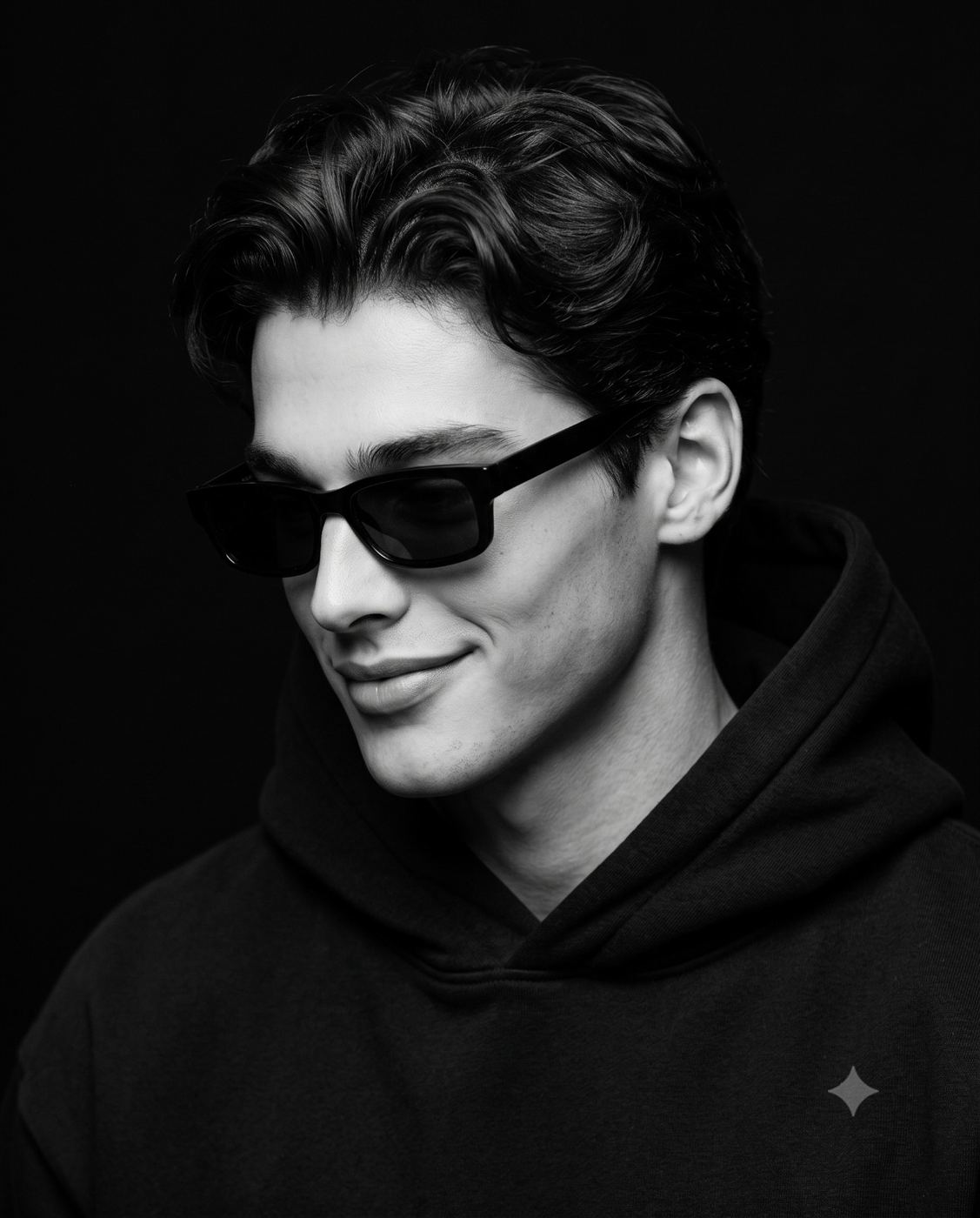 Cool B&W Man Portrait in Sunglasses and Hoodie AI Photo Editing Prompt. AI generated studio portrait of a young man with a slight smile and wavy hair, wearing a black hoodie and sunglasses against a dark background.