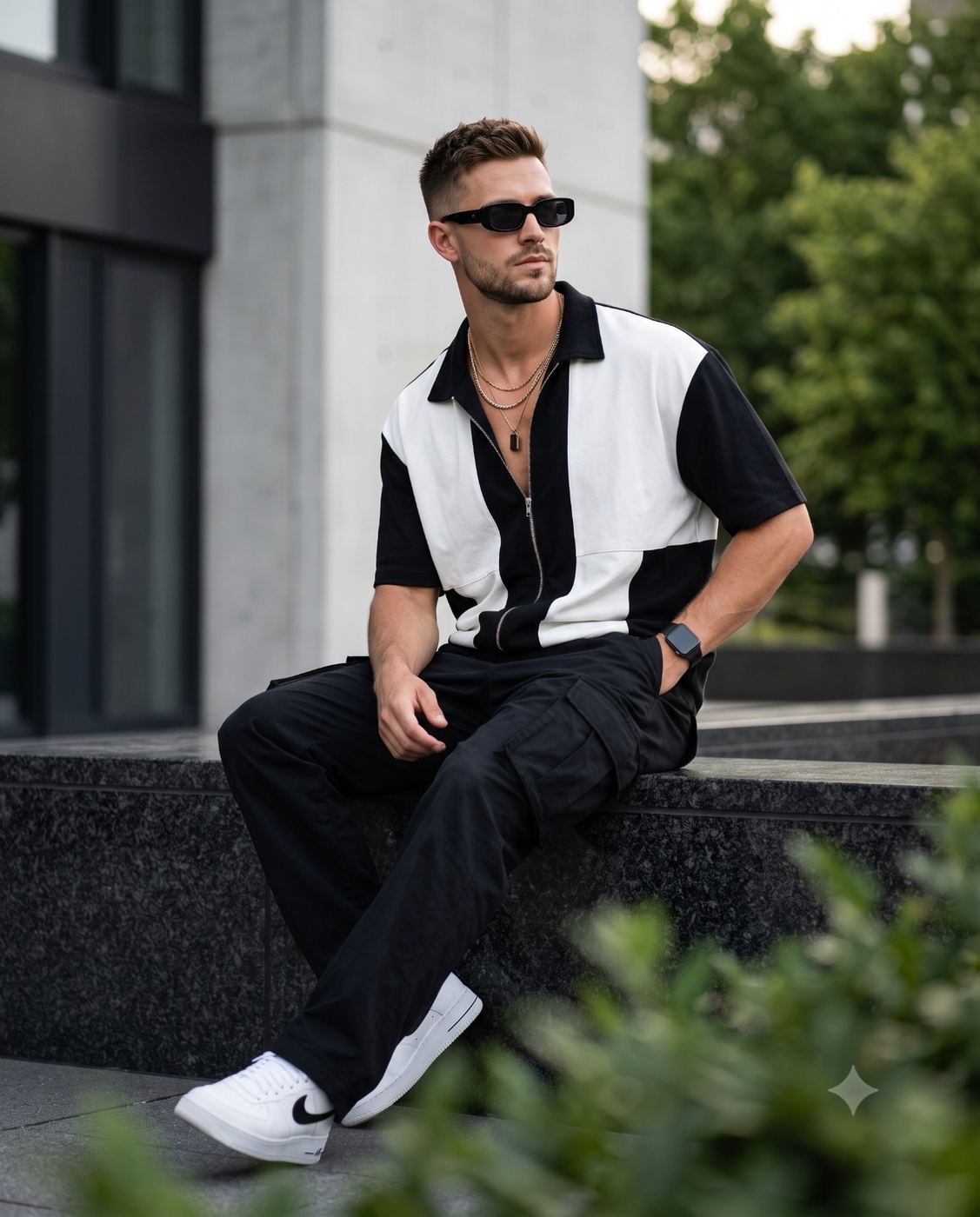 Modern Man in Geometric Polo AI Photo Editing Prompt. AI generated urban portrait of a man sitting on a stone ledge wearing a black and white vertical-striped short-sleeved zip polo, black cargo pants, and white sneakers, with black sunglasses and layered gold chains.