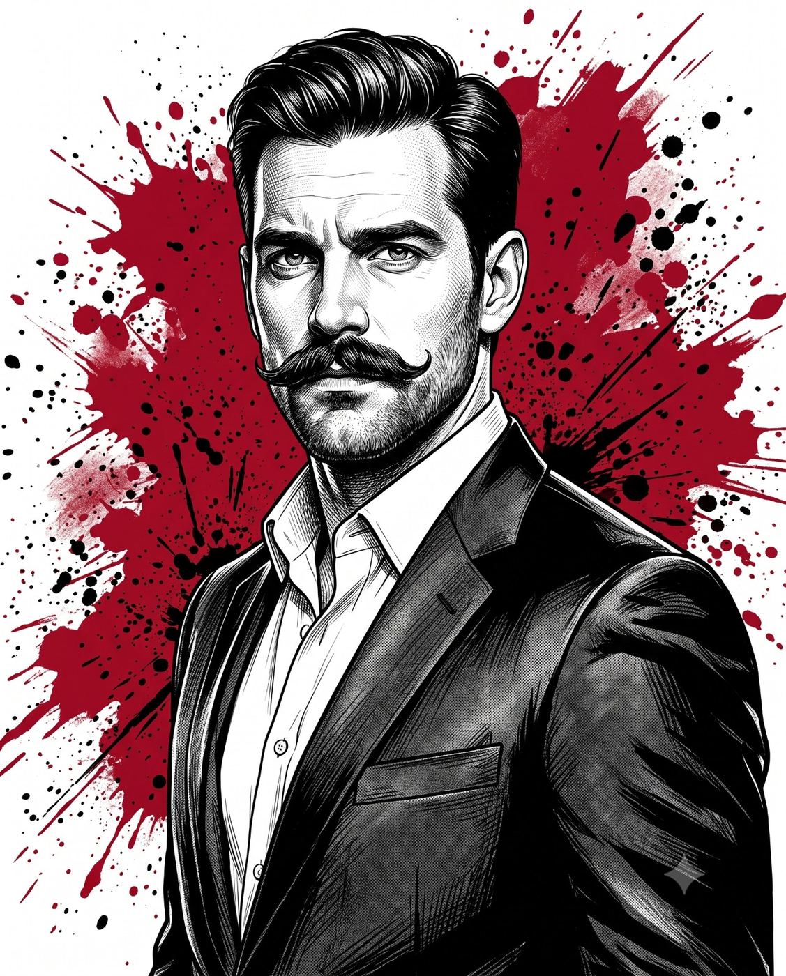 Graphic novel style portrait of a man in a suit with red splatters AI Photo Editing Prompt. AI generated digital illustration of a handsome man with a handlebar mustache wearing a black suit, set against a background of bold red ink splatters.