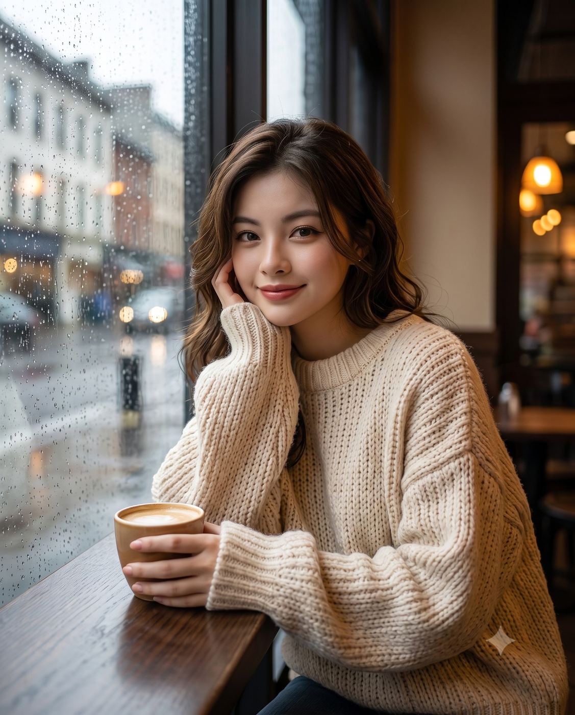 Woman with Coffee at Rainy Cafe Window AI Photo Editing Prompt. AI generated lifestyle portrait of a smiling woman in a cream knit sweater holding a latte by a rain-streaked cafe window.