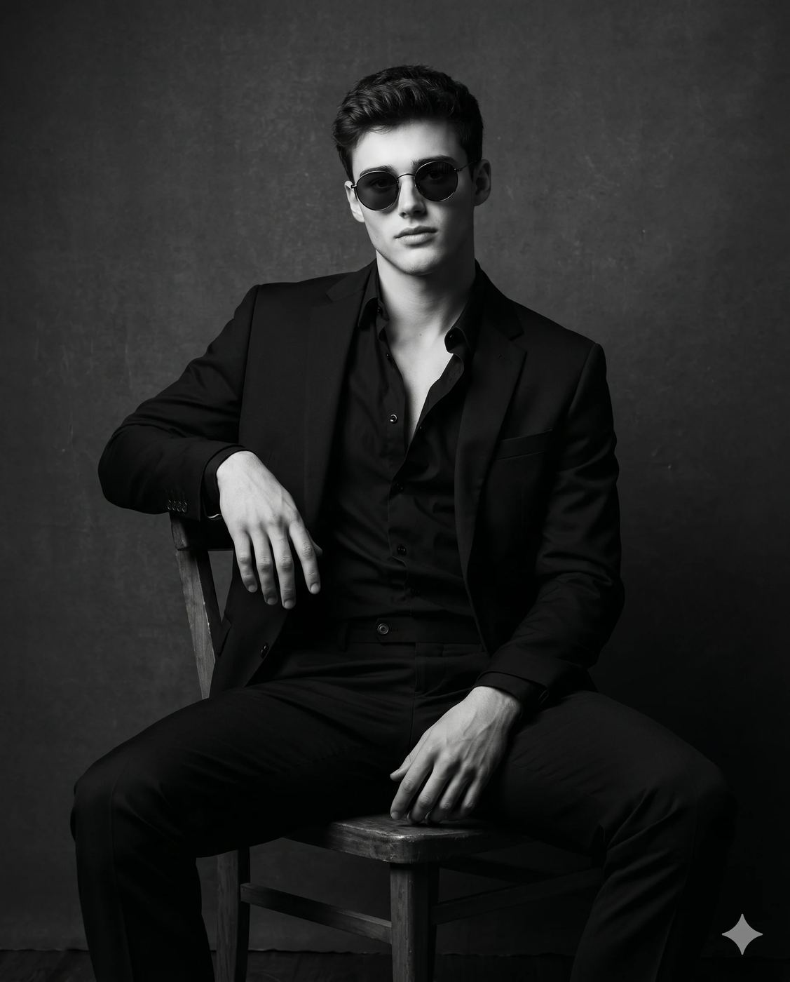 Black and White Photography AI Photo Editing Prompt. AI generated monochromatic studio portrait of a young man in a black suit, open shirt, and round sunglasses, seated on a wooden chair against a dark textured background.