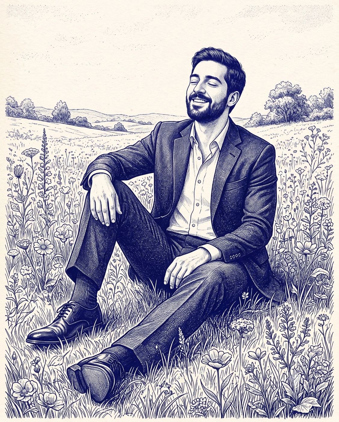 Businessman in Flower Field Ink Illustration AI Photo Editing Prompt. AI generated ink illustration of a smiling bearded man in a business suit sitting peacefully in a wildflower meadow.