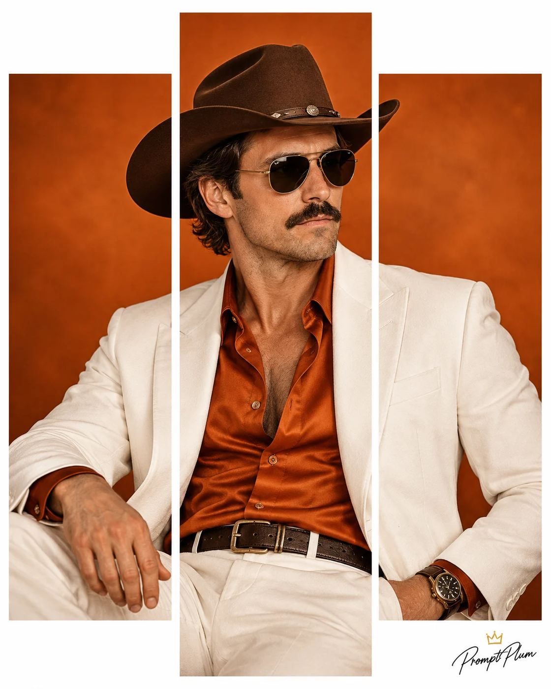 3 Panel Cowboy Portrait AI Photo Editing Prompt. AI generated fashion portrait of a man in a cowboy hat, aviators, white suit and orange satin shirt.