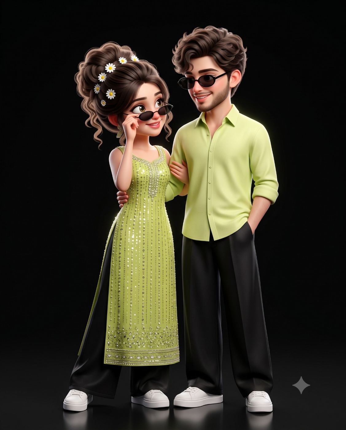 3D Cartoon Couple in Matching Green Outfits 3D Illustration AI Photo Editing Prompt. AI generated 3D illustration of a stylish animated man and woman wearing matching light green and black outfits with sunglasses standing together.