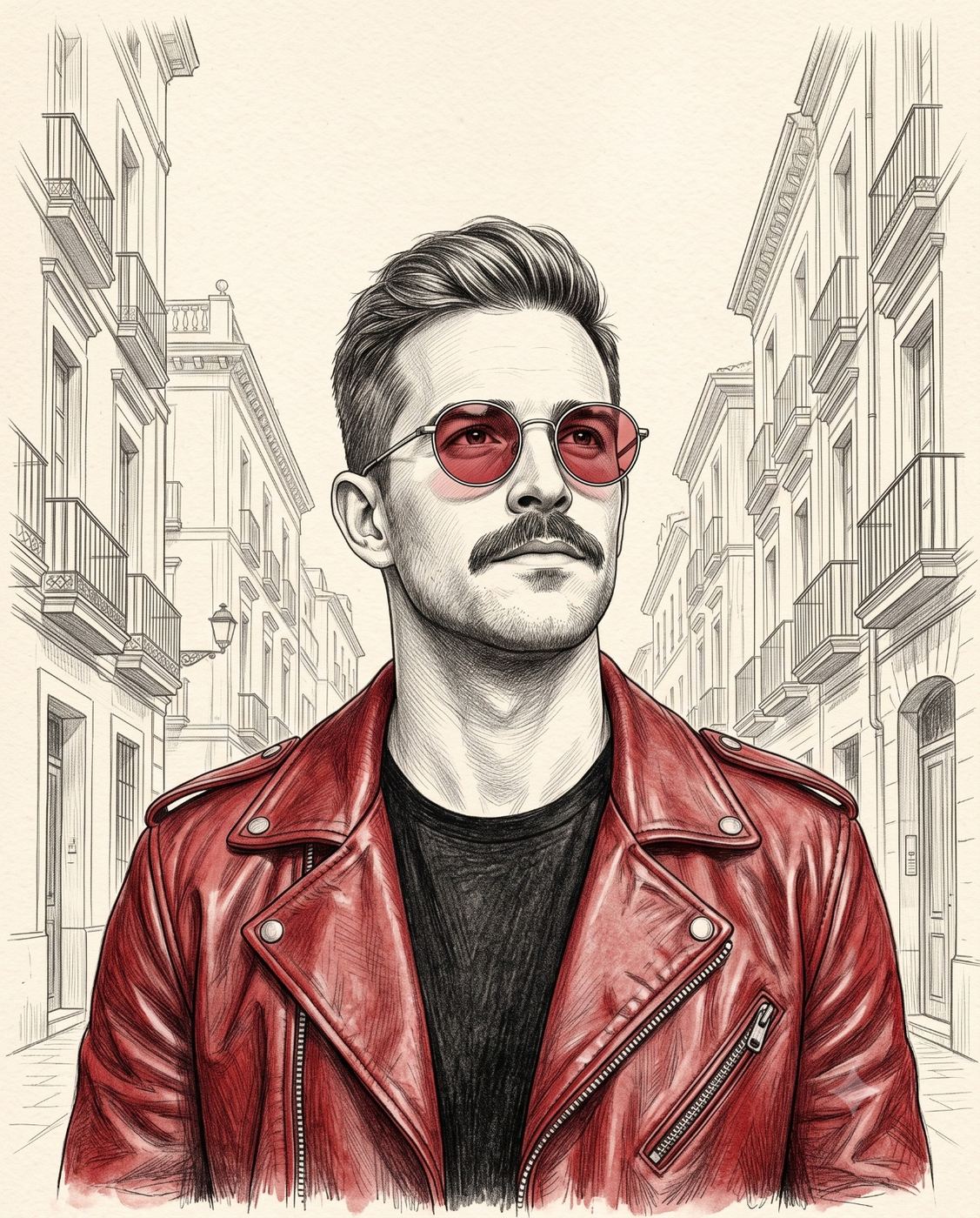 Man in Red Leather Jacket and Pink Sunglasses AI Photo Editing Prompt. AI generated pencil sketch illustration of a mustached man wearing a red leather biker jacket and pink round sunglasses, standing in a European cobblestone alley.