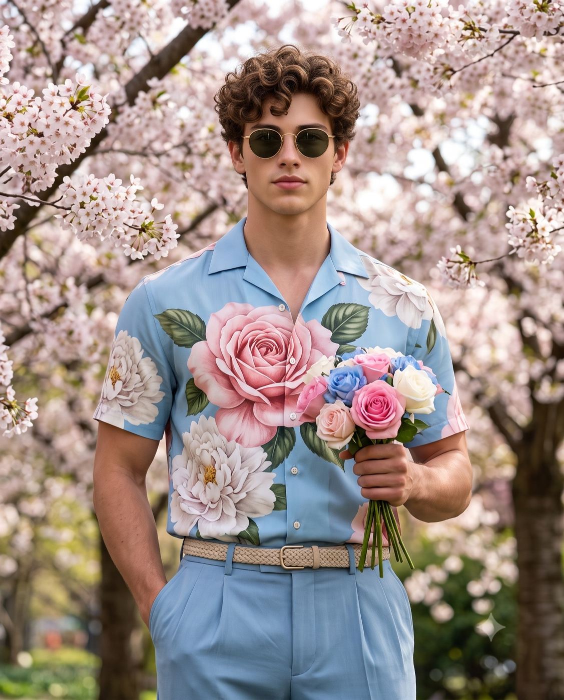 Man in Floral Shirt and Sunglasses Portrait AI Photo Editing Prompt. AI generated portrait of a man in a blue floral shirt and sunglasses holding a rose bouquet in a cherry blossom garden.