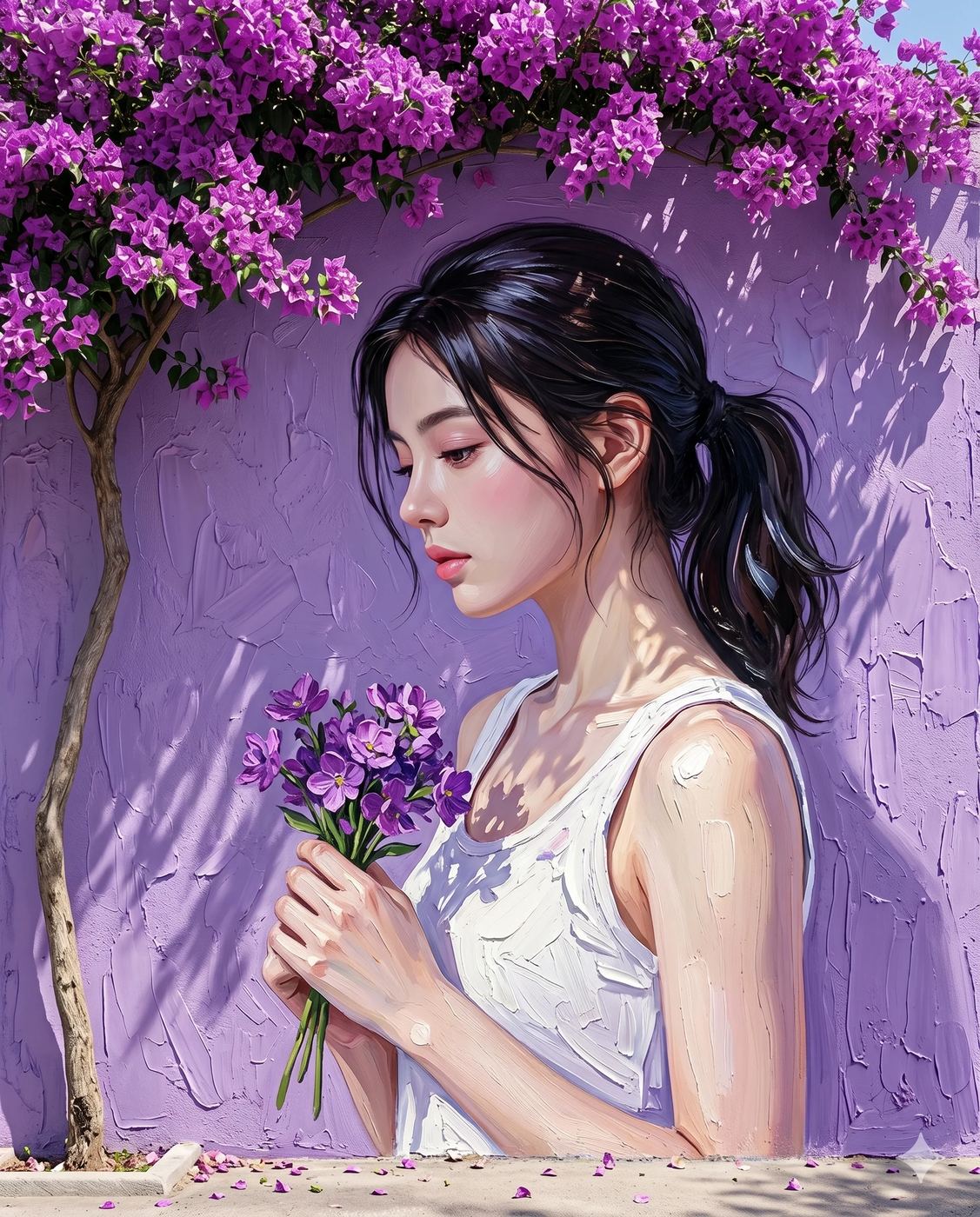 Woman with Purple Flowers Portrait Illustration AI Photo Editing Prompt. AI generated digital illustration portrait of a young woman in a white top holding a purple bouquet against a textured purple wall.