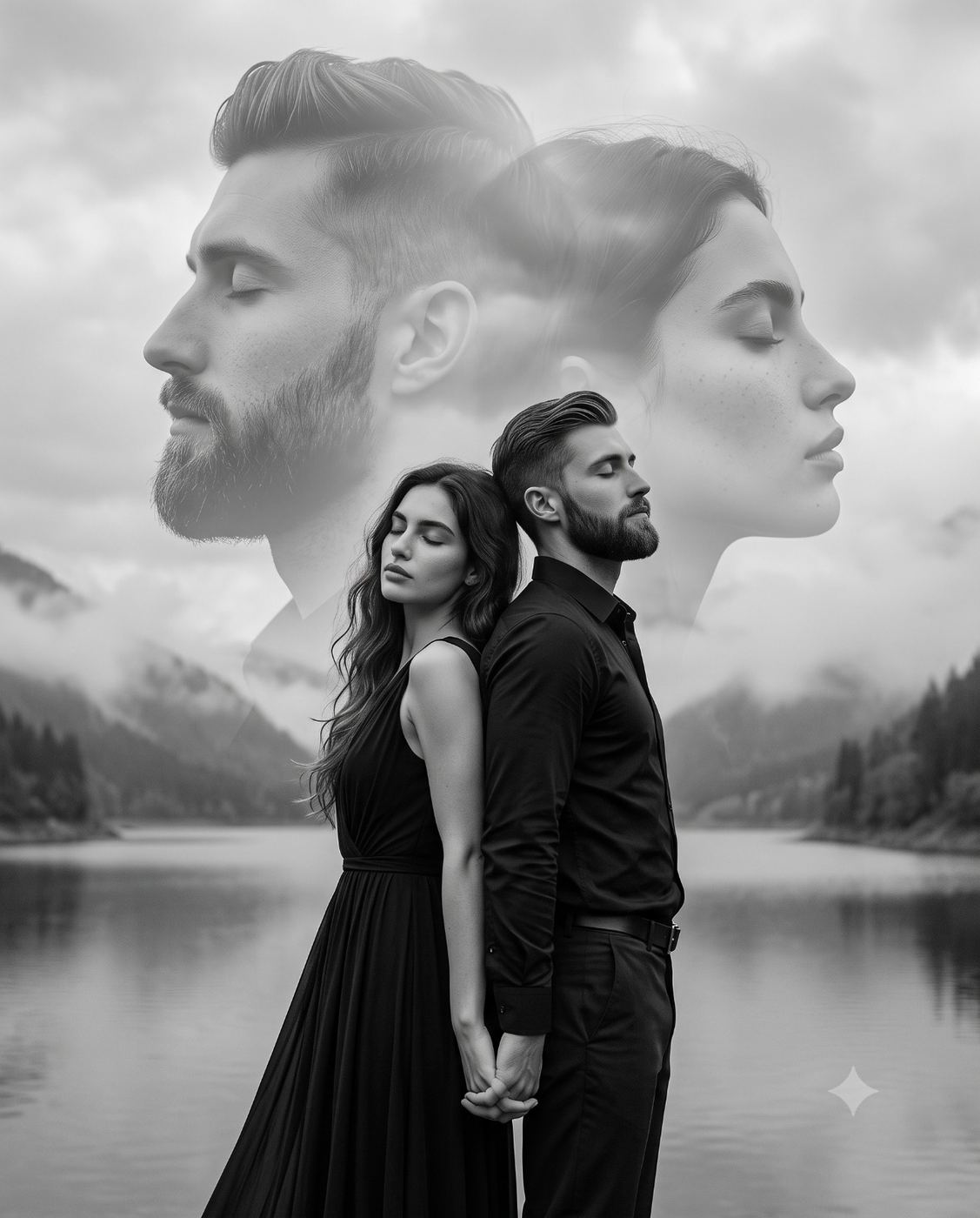 B&W Double Exposure Couple Portrait AI Photo Editing Prompt. AI generated conceptual double-exposure portrait of a B&W couple, eyes closed, holding hands back-to-back over a misty mountain lake with large faded ghost profile faces in the cloudy sky.