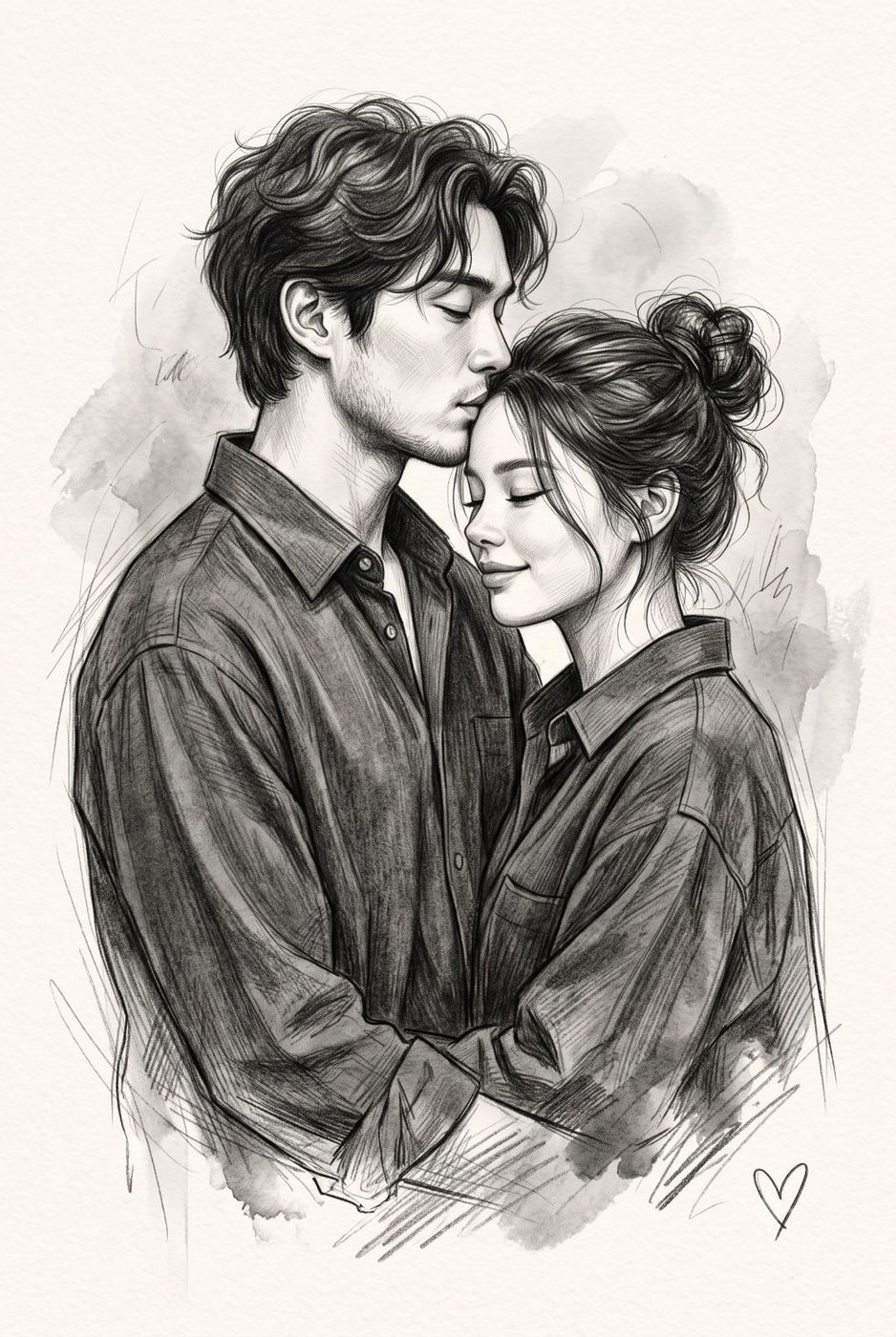 Romantic Couple Forehead Kiss Pencil Sketch AI Photo Editing Prompt. AI generated pencil sketch illustration of a loving couple embracing while the man gently kisses the woman's forehead in a beautiful black and white hand-drawn style.