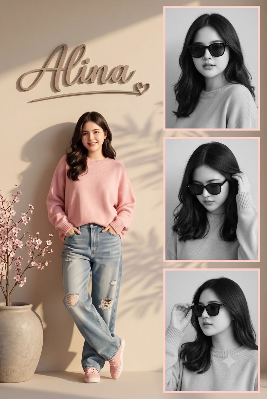 Trendy Fashion Collage AI Photo Editing Prompt. AI generated multi-panel digital photo collage of a woman in a pink sweater and jeans, with black and white sunglasses portraits and 3D typography.