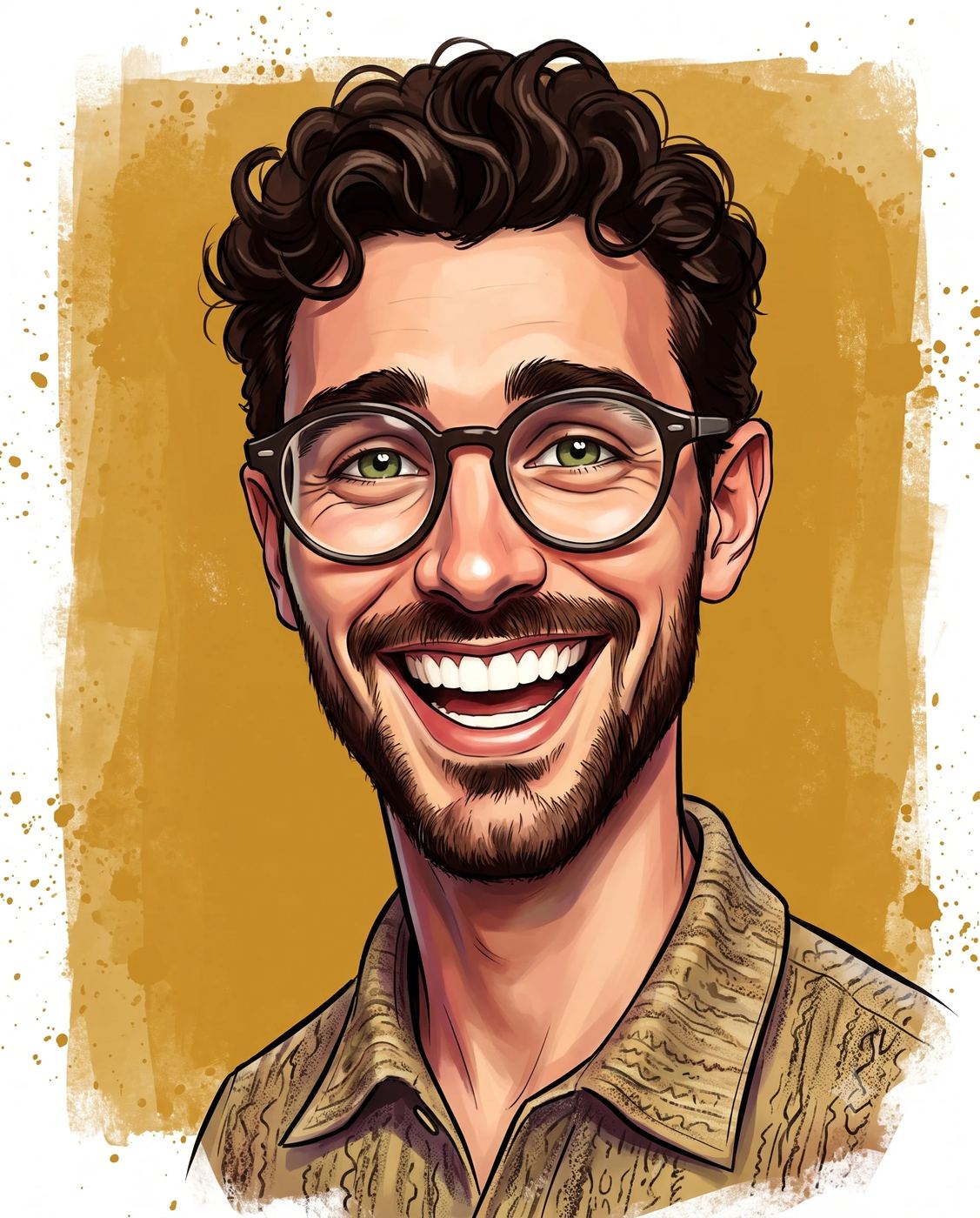 AI Photo Editing Prompt: Vibrant editorial caricature of a joyful man with a beard, round glasses, and a patterned shirt on a warm yellow paint-splatter background.