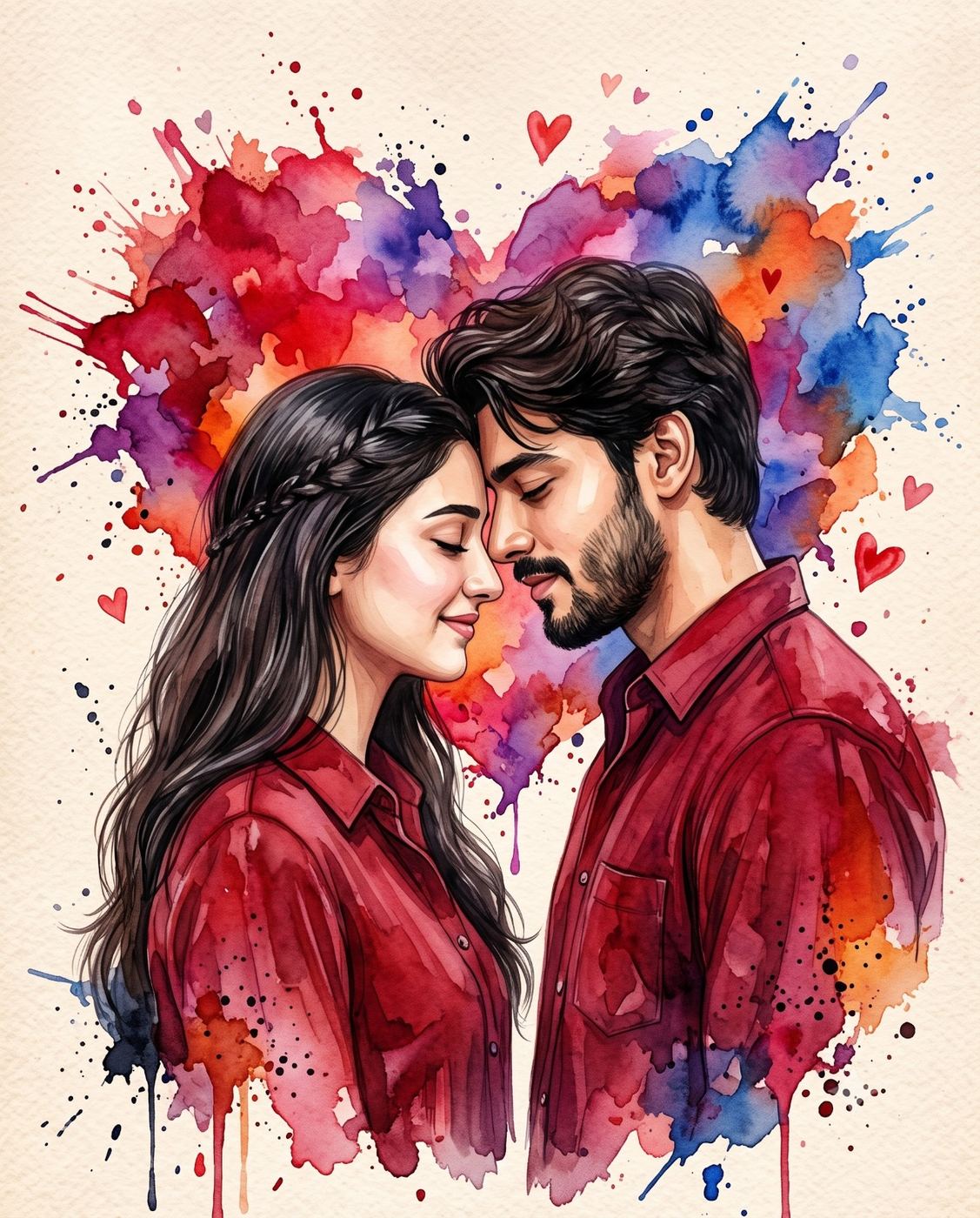 Watercolor Couple Portrait Art AI Photo Editing Prompt. AI generated watercolor art illustration of a man and a woman in matching red shirts with heads touching, set against a vibrant, heart-shaped paint splash.