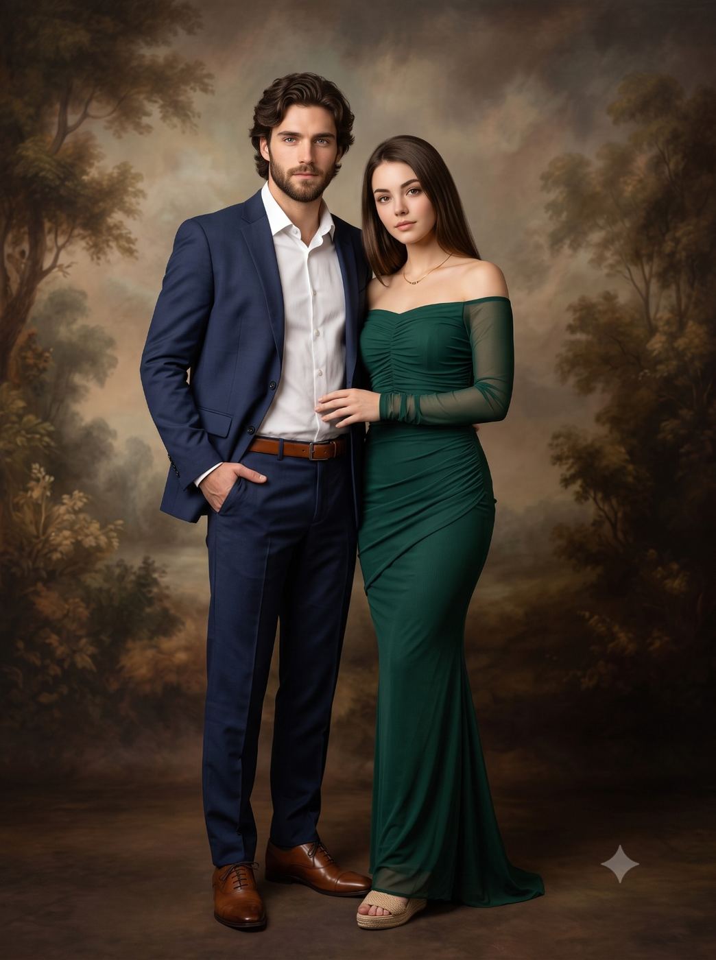 Elegant Couple in Formal Wear Studio Portrait AI Photo Editing Prompt. AI generated studio portrait of a bearded man in a navy blue suit and a brunette woman in an emerald green off-the-shoulder gown standing against a vintage painted backdrop.