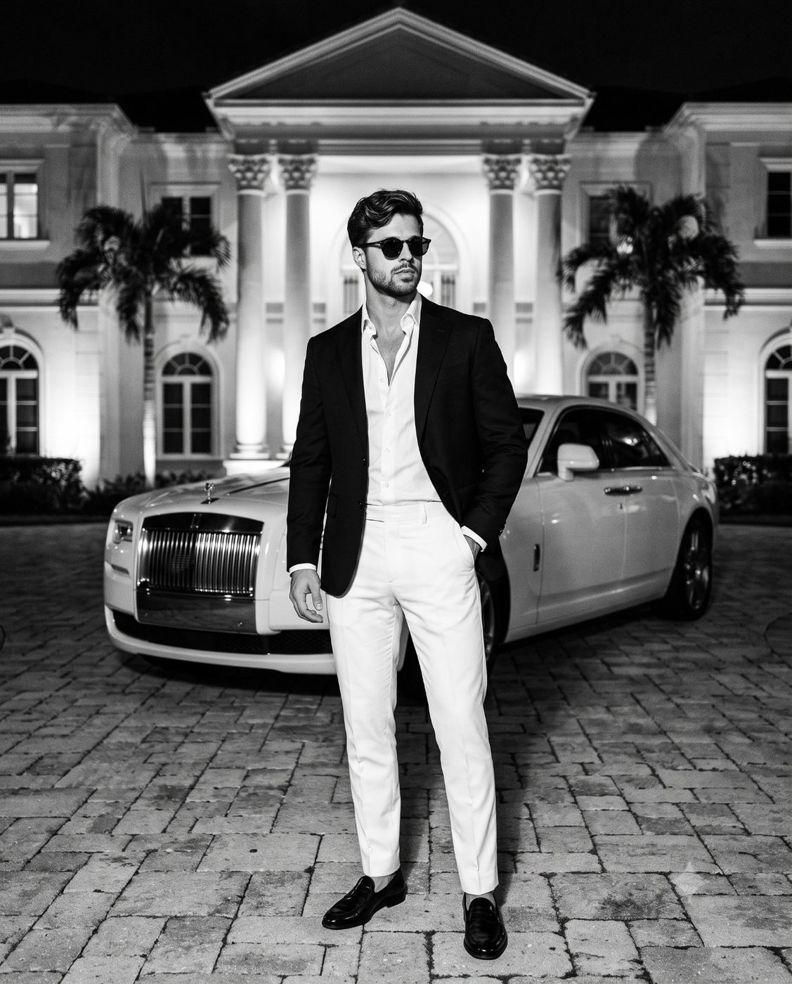 Black and White Luxury Lifestyle Portrait AI Photo Editing Prompt. AI generated monochrome portrait of a stylish man wearing a black blazer, white trousers, and sunglasses standing confidently in front of a white luxury car and a grand mansion estate.