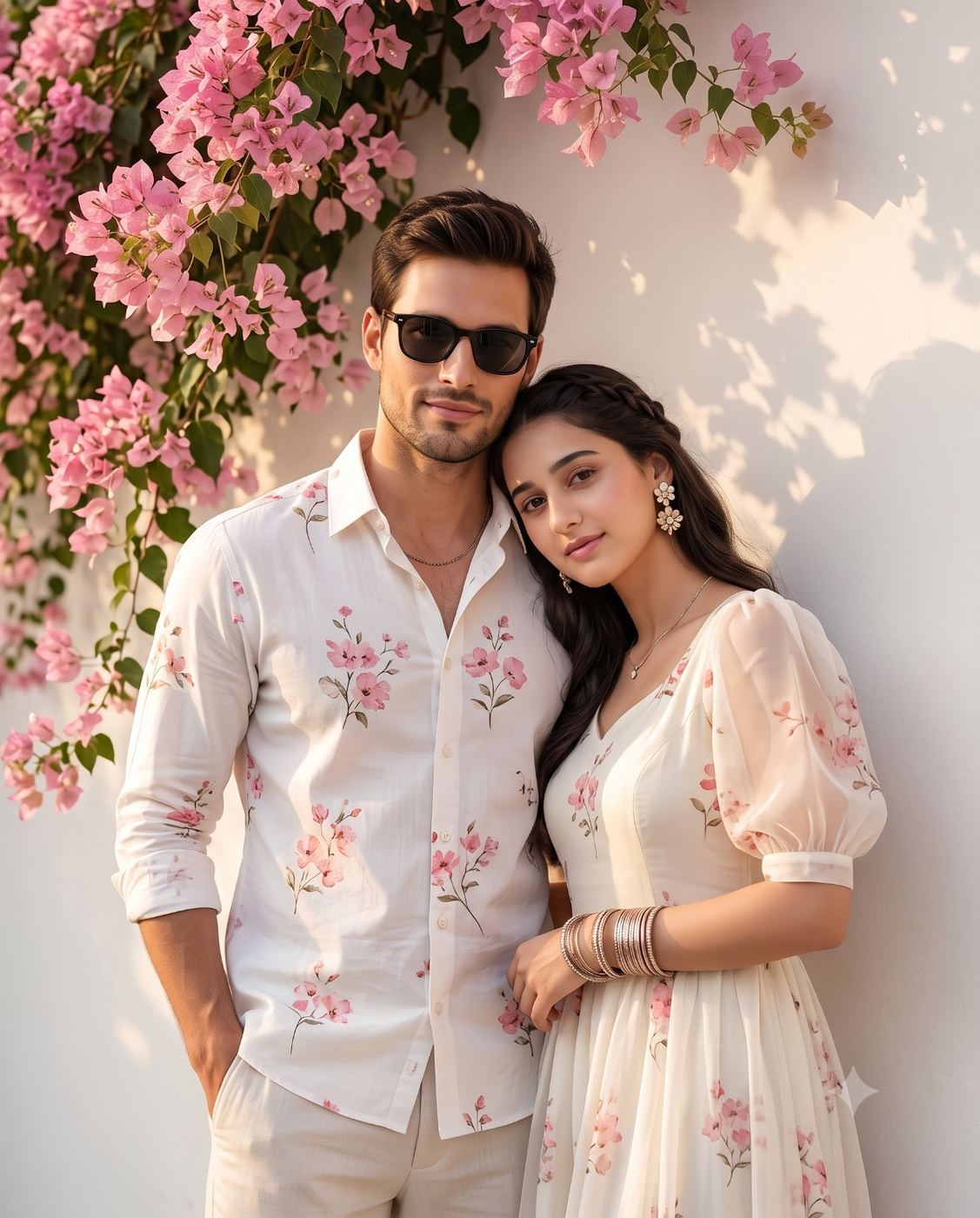 Floral Couple Under Bougainvillea Portrait AI Photo Editing Prompt. AI generated outdoor portrait photograph of a man in a floral shirt and sunglasses, and a woman in a matching floral dress, leaning on him under a flowering bougainvillea branch on a white wall.