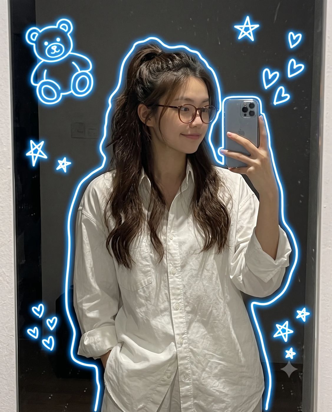 AI Photo Editing Prompt: Amateur-quality mobile mirror selfie of a young girl with glasses in an oversized white shirt, featuring a hand-drawn style blue neon glowing body outline and star doodles.