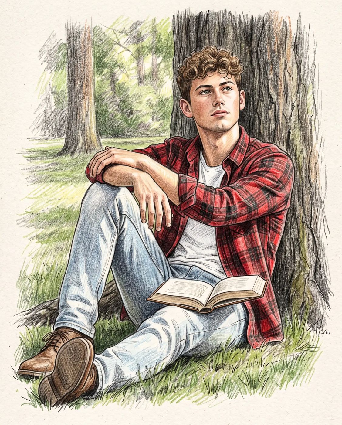 Man sitting under a tree pencil sketch AI Photo Editing Prompt.