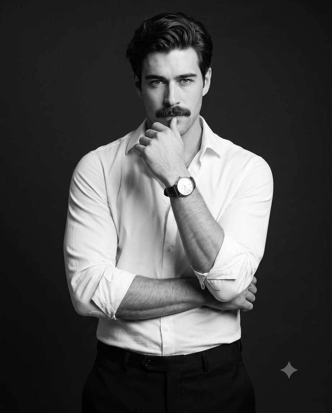 Monochrome Man in White Shirt AI Photo Editing Prompt. AI generated studio portrait of a man with a mustache in a white shirt and watch, touching his chin against a dark background.
