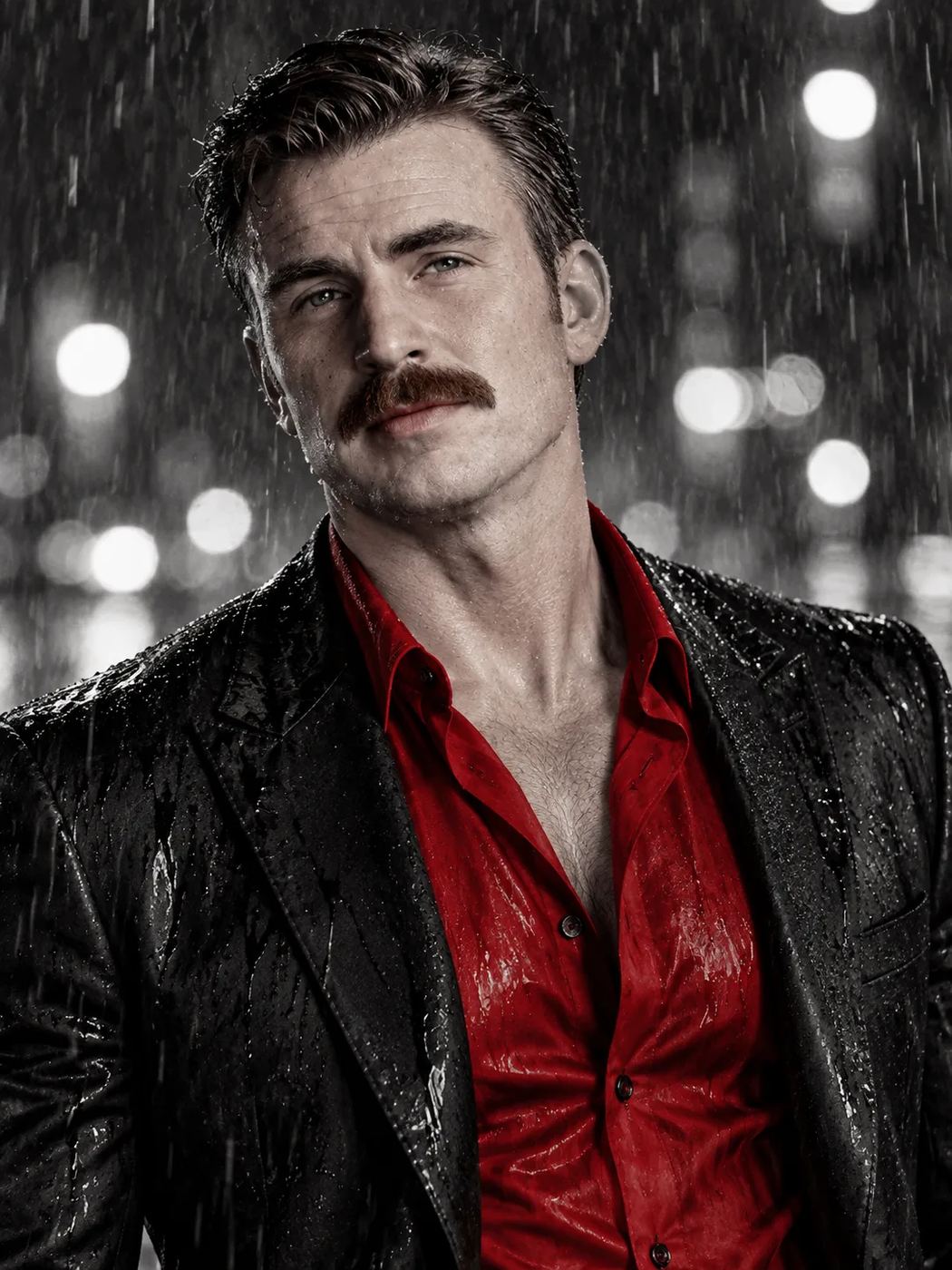 ChatGPT AI Photo Prompt: Ultra-realistic color-splash portrait of a confident man with a mustache in a wet black suit and vivid red shirt, standing in heavy rain against B&W city bokeh lights.