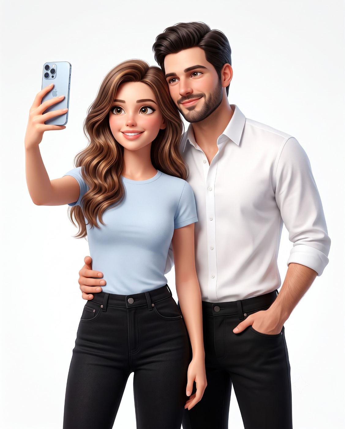 3D cartoon couple taking selfie illustration AI Photo Editing Prompt. AI generated 3D digital illustration of a smiling young woman in a blue t-shirt and a handsome man with a beard taking a selfie with a smartphone.