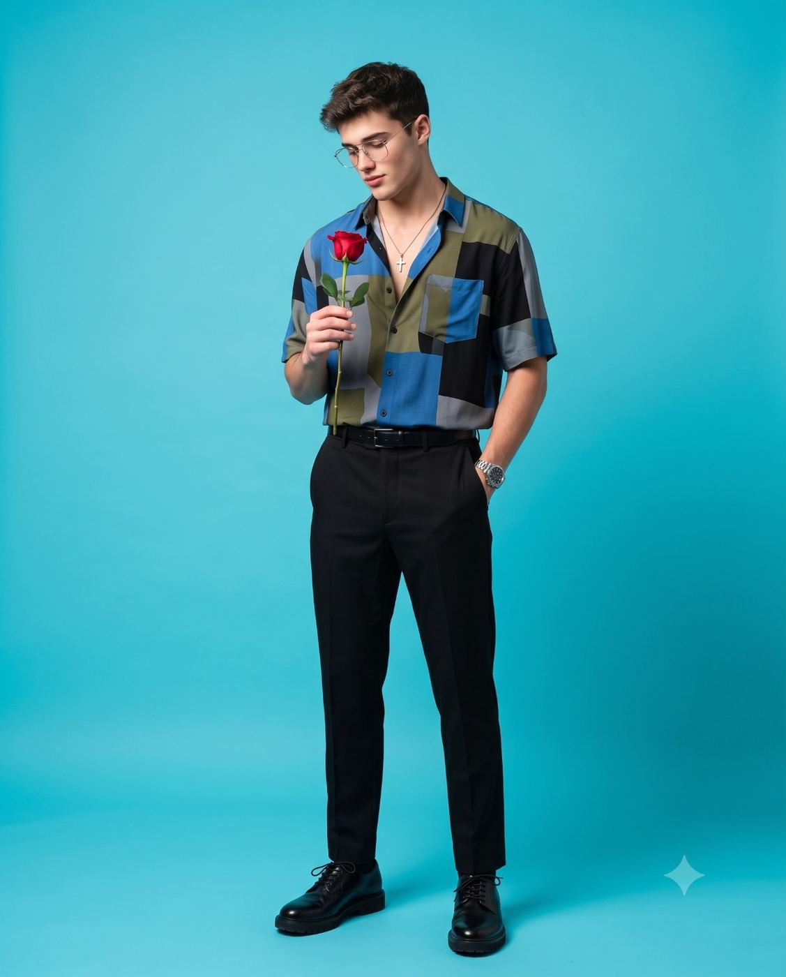 Man in Colorblock Shirt Holding a Rose AI Photo Editing Prompt. AI generated studio portrait of a bespectacled man in a patchwork shirt holding a single red rose against a teal background.