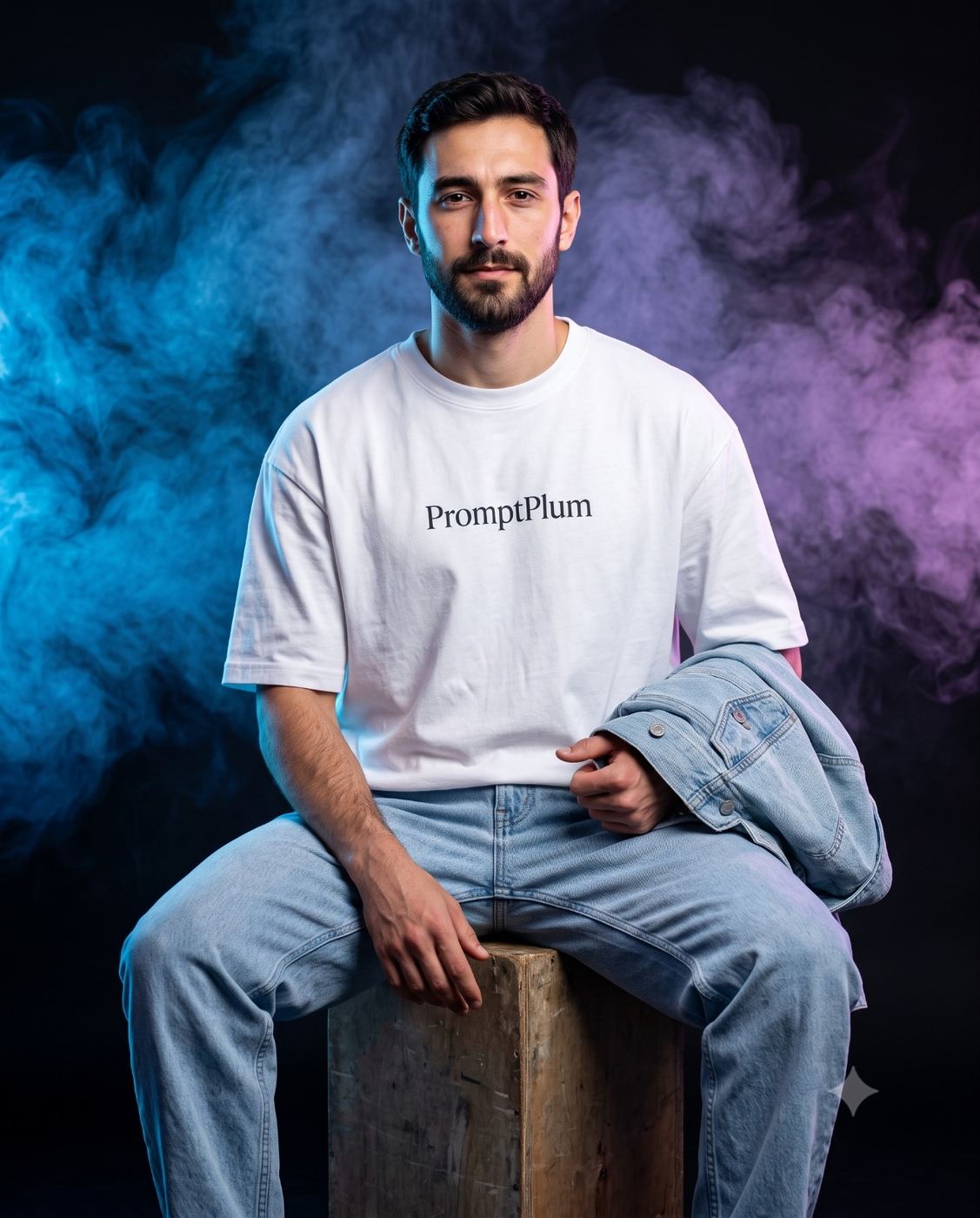 Man in White T-Shirt Cinematic Portrait AI Photo Editing Prompt. AI generated studio portrait of a bearded man sitting on a wooden box holding a denim jacket against a blue and purple smoke background.