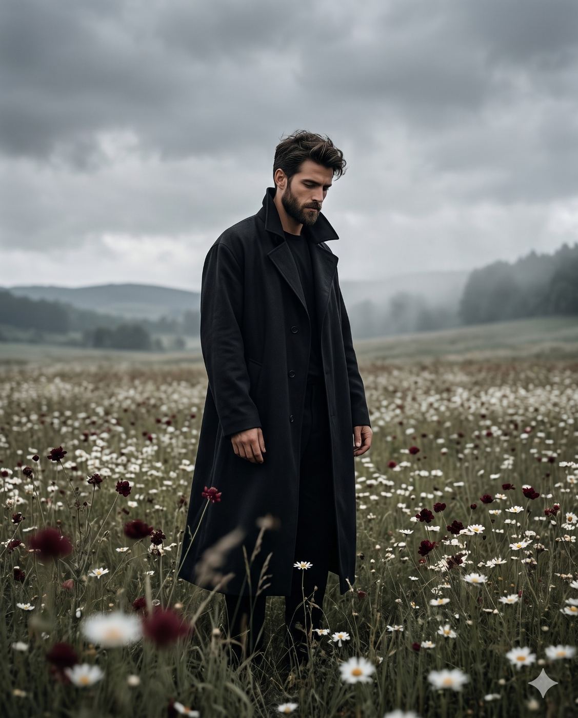Moody Man in Flower Field Cinematic Photography AI Photo Editing Prompt. AI generated portrait of a handsome bearded man in a long black overcoat standing thoughtfully in a beautiful meadow of wildflowers under a cloudy sky.