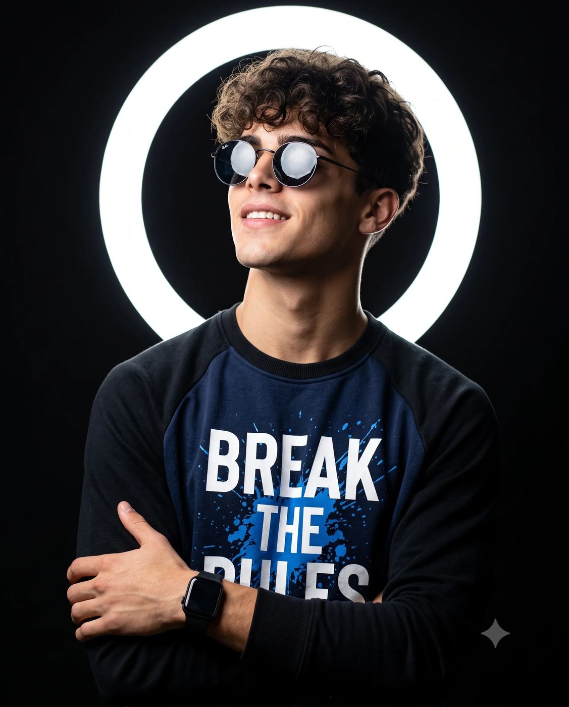 Ring Light Portrait AI Photo Editing Prompt. AI generated studio portrait of a smiling young man in round sunglasses and a "BREAK THE RULES" sweatshirt posing with crossed arms.