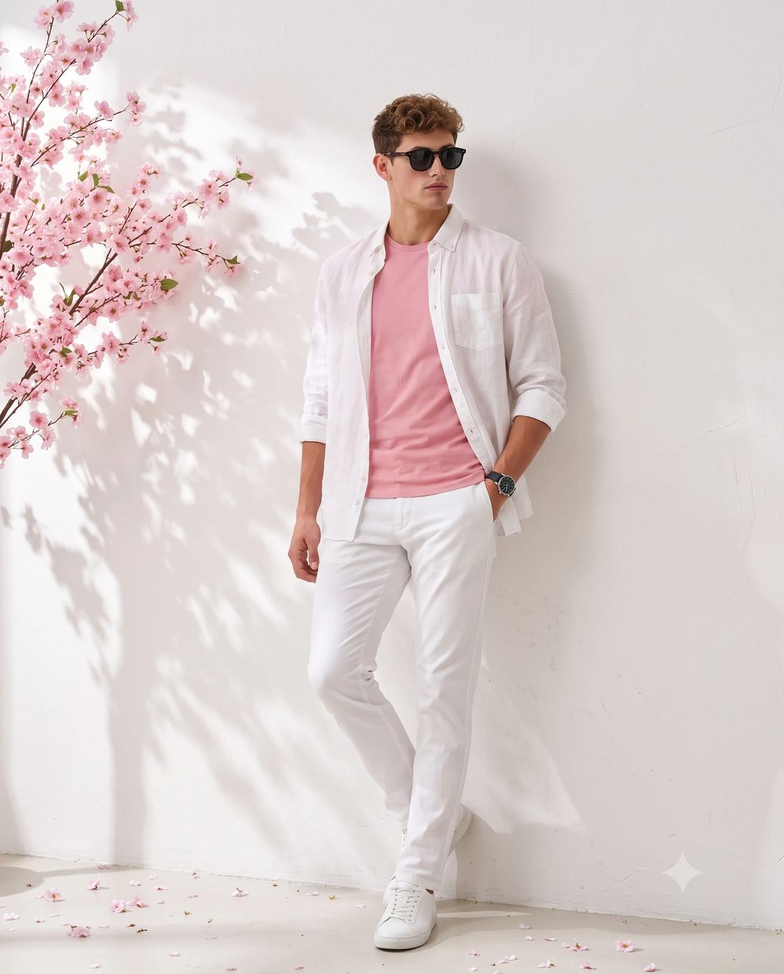 Men's Spring Fashion Stucco Portrait AI Photo Editing Prompt. AI generated portrait of a young man in a pink and white casual outfit leaning against a textured wall with cherry blossom shadows.