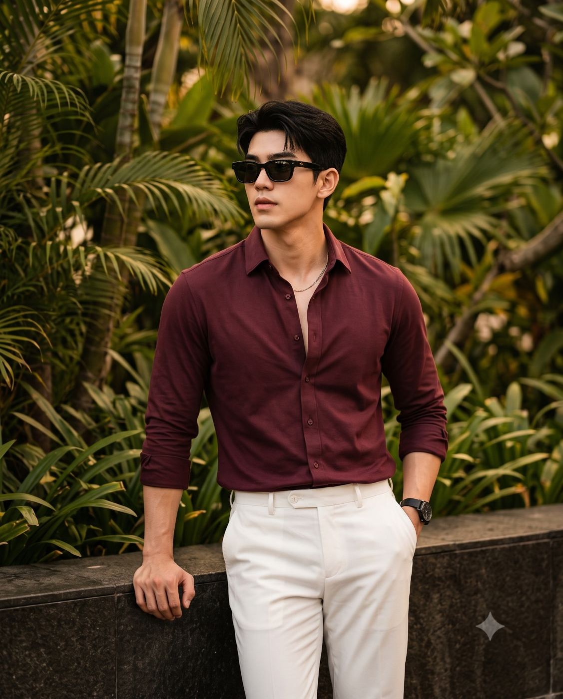 Stylish Man in Maroon Shirt AI Photo Editing Prompt. AI generated photorealistic portrait of a stylish Asian man in sunglasses and a maroon shirt, posing in a tropical setting.