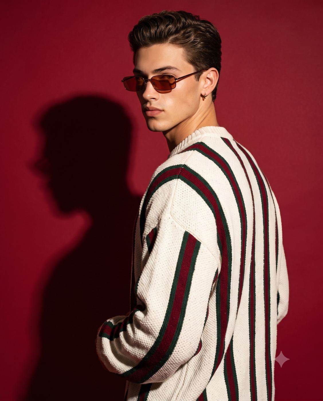 Editorial Portrait of Man in Striped Knit and Sunglasses AI Photo Editing Prompt. AI generated studio portrait of a man with sunglasses over his shoulder in a cream, red, and green striped knit sweater on a deep red background with a dramatic shadow.