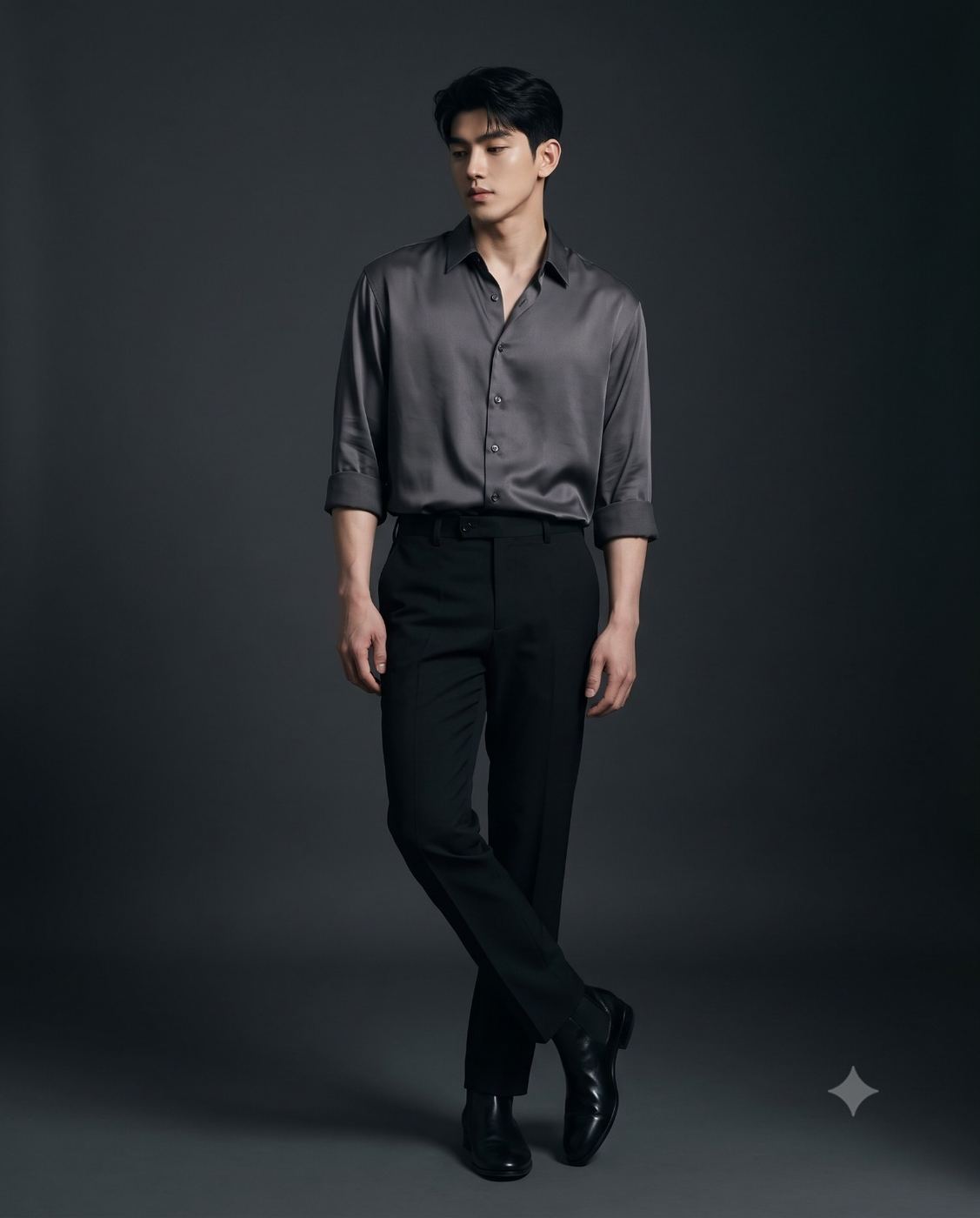 East Asian Man in Charcoal Satin Shirt Studio Portrait AI Photo Editing Prompt. AI generated studio portrait of a man standing with crossed ankles in a charcoal grey satin shirt, black trousers, and boots against a dark background.