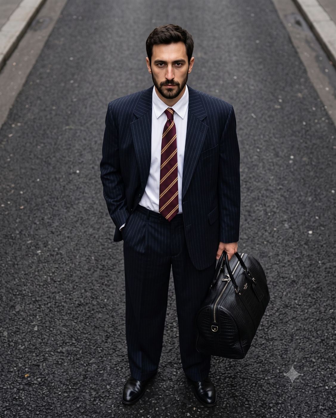 Cinematic urban portrait of a businessman in a pinstripe suit with a leather bag AI Photo Editing Prompt. AI generated street photography of a bearded man standing on an asphalt road holding a black duffel bag.