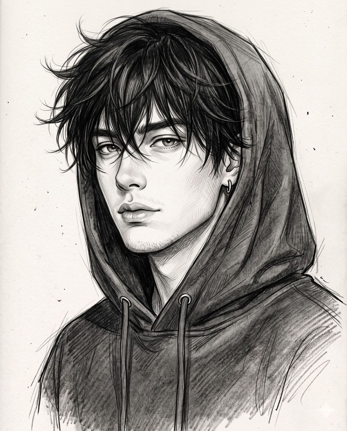 Anime Boy in Hoodie Sketch AI Photo Editing Prompt. AI generated pencil sketch portrait of a stylish young man with messy hair wearing a hoodie.